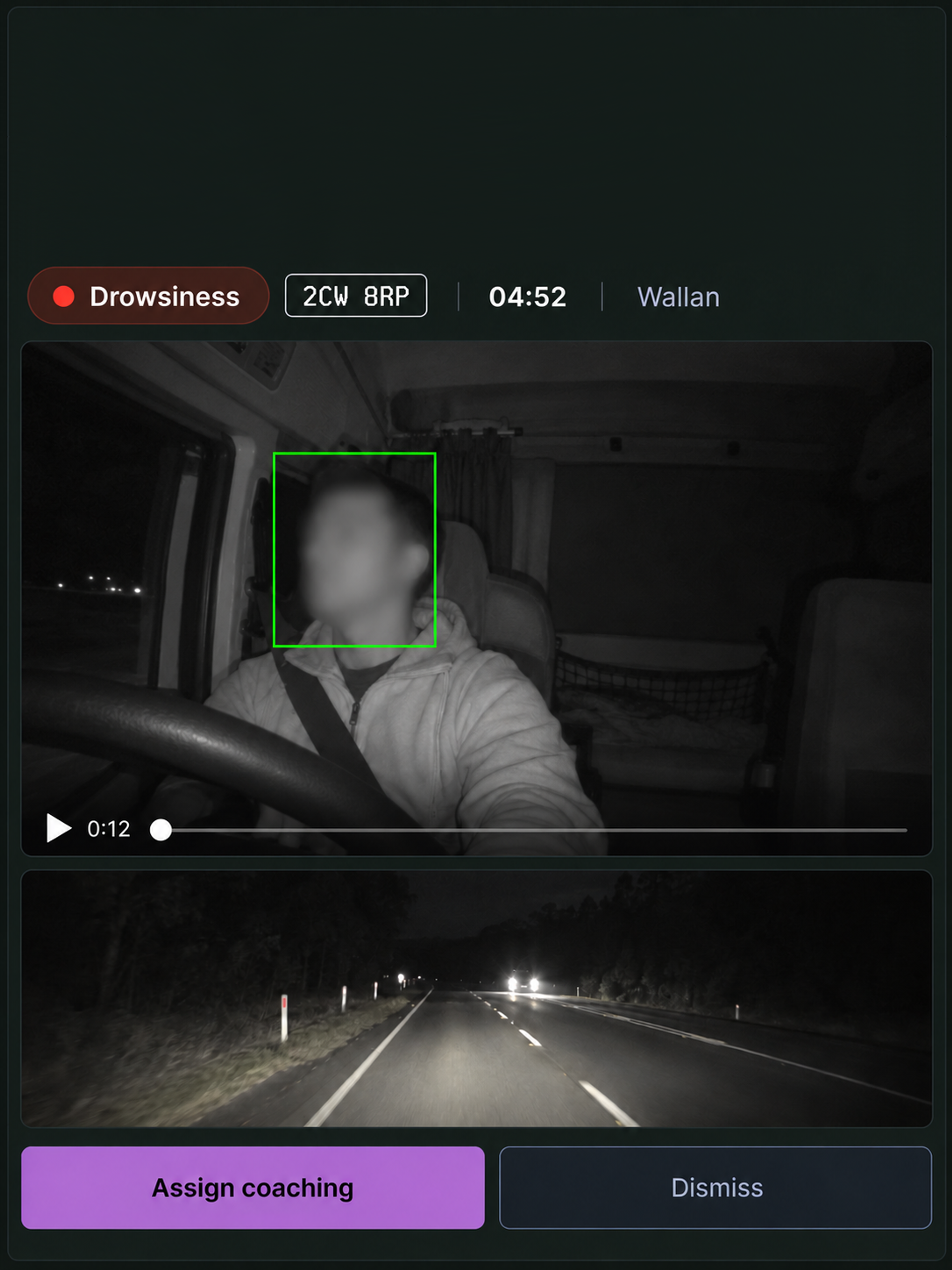 A drowsiness event in the console with its in-cab footage, ready to assign for coaching