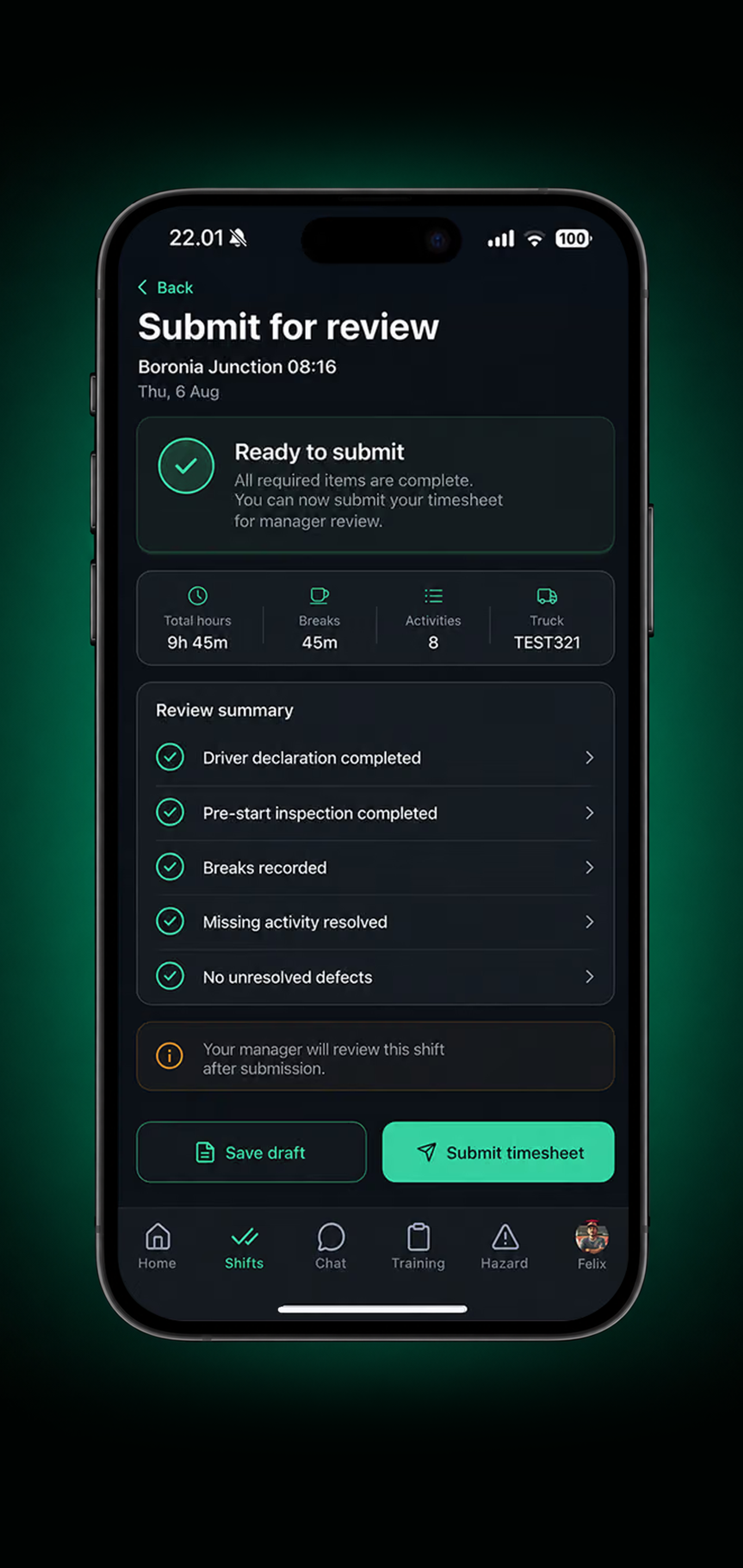 Drive360 app: timesheet submitted for manager review