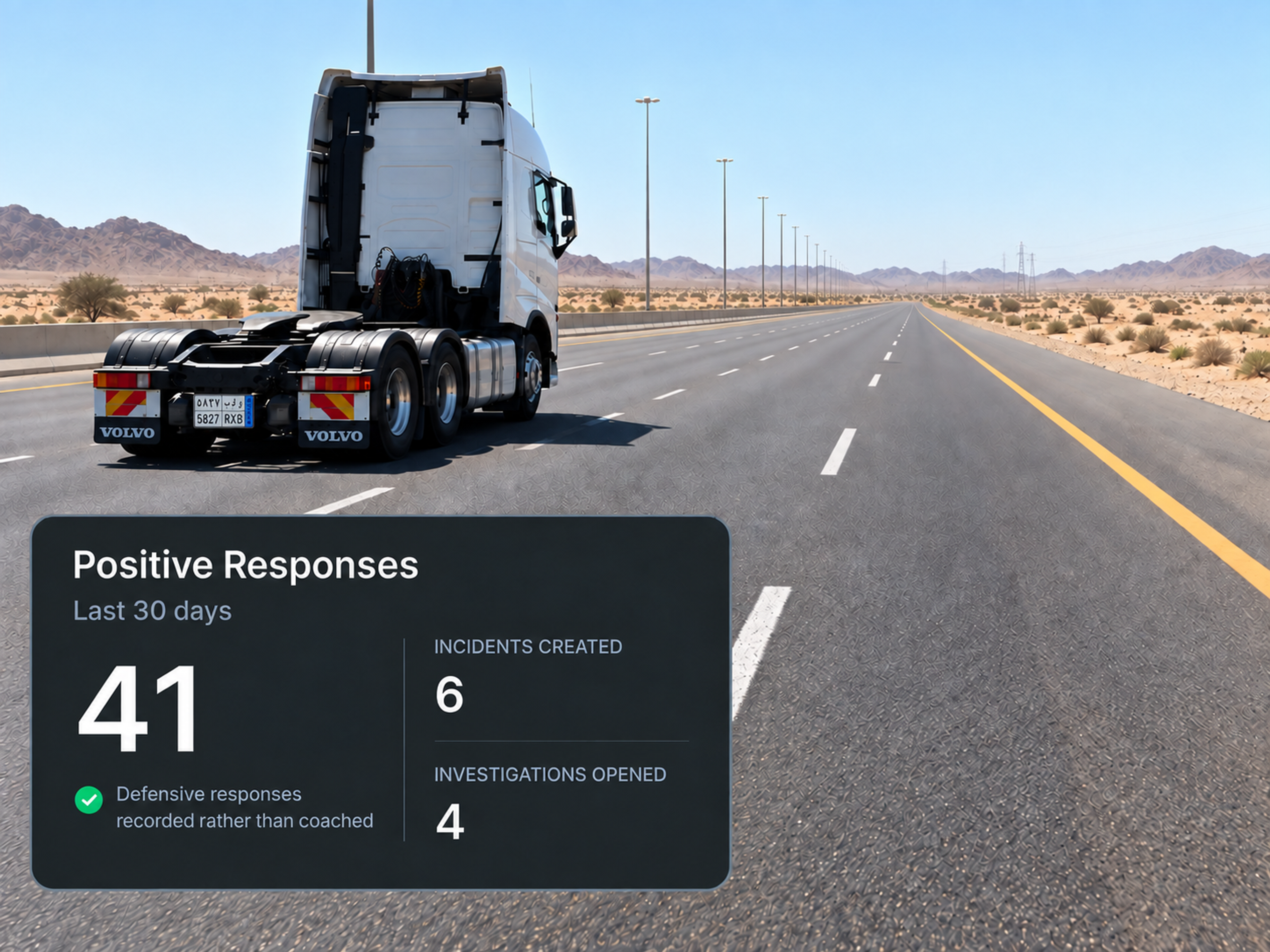 Positive driver response panel beside the incidents created and investigations opened counters. 4:3, dark UI.