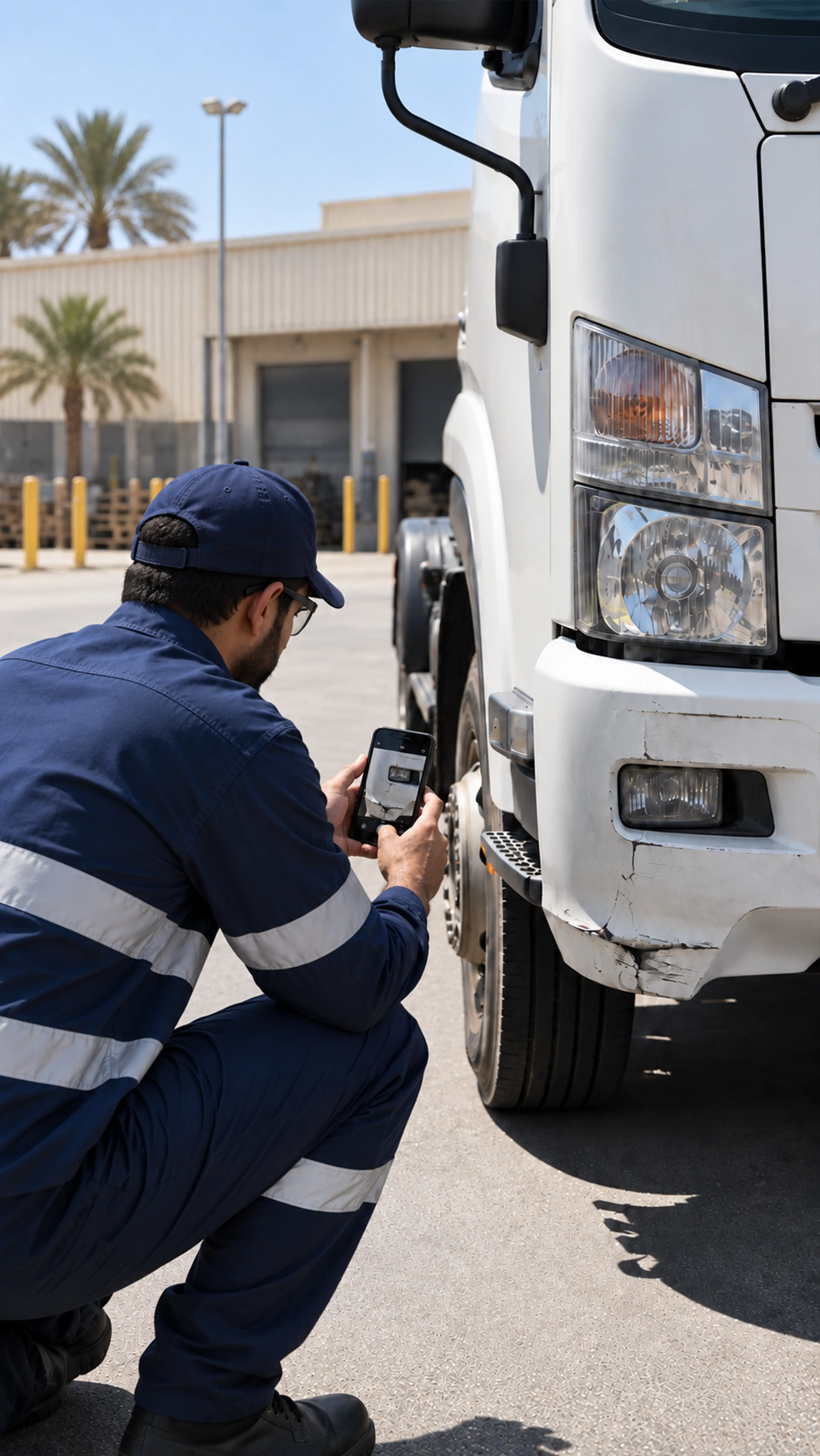 Driver crouching to photograph a cracked front bumper on his phone to report the defect