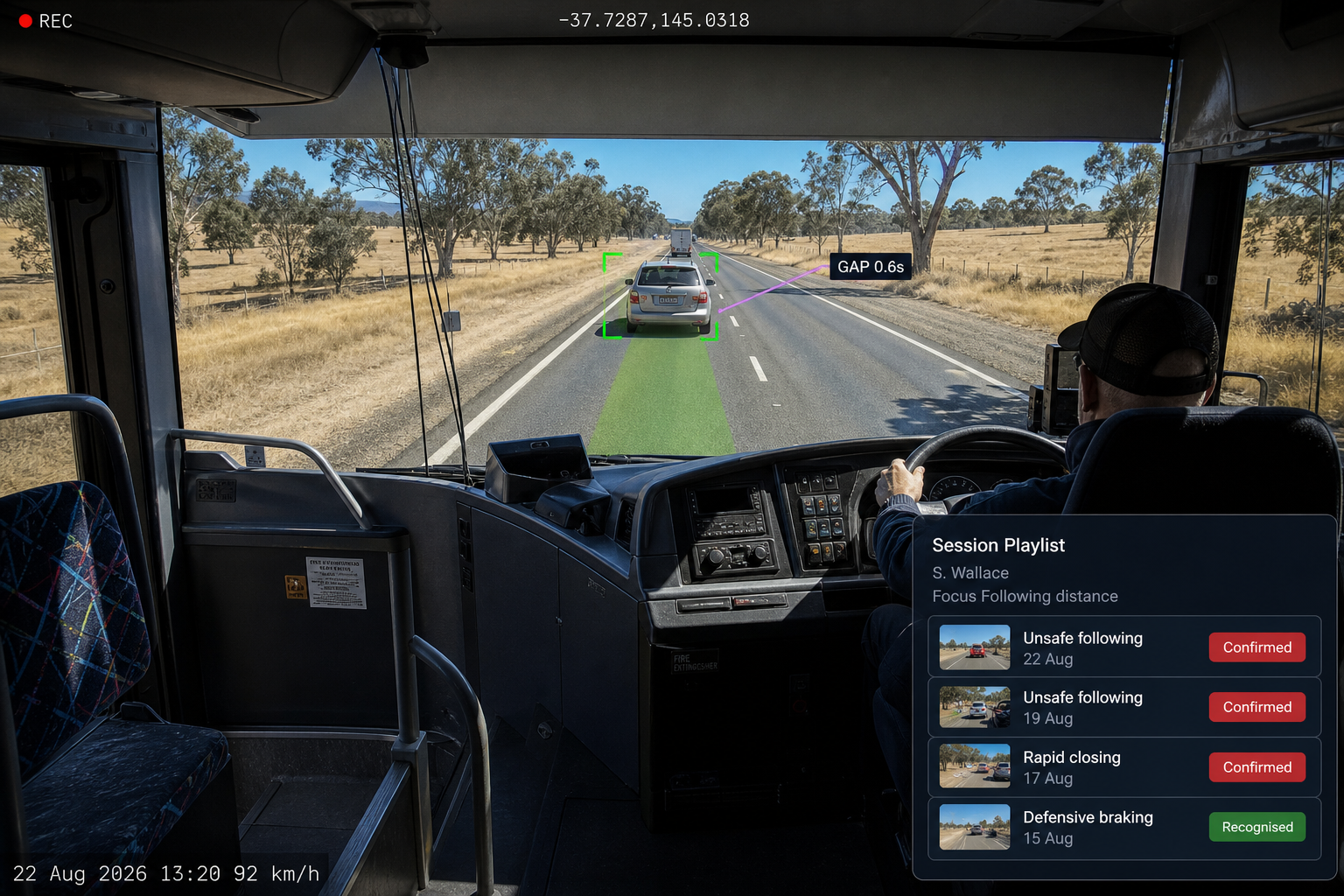 The coaching session view: the event playlist with three confirmed events and a positive recognition card, the selected event player with its other camera views, and the event context panel. 4:3, dark UI.