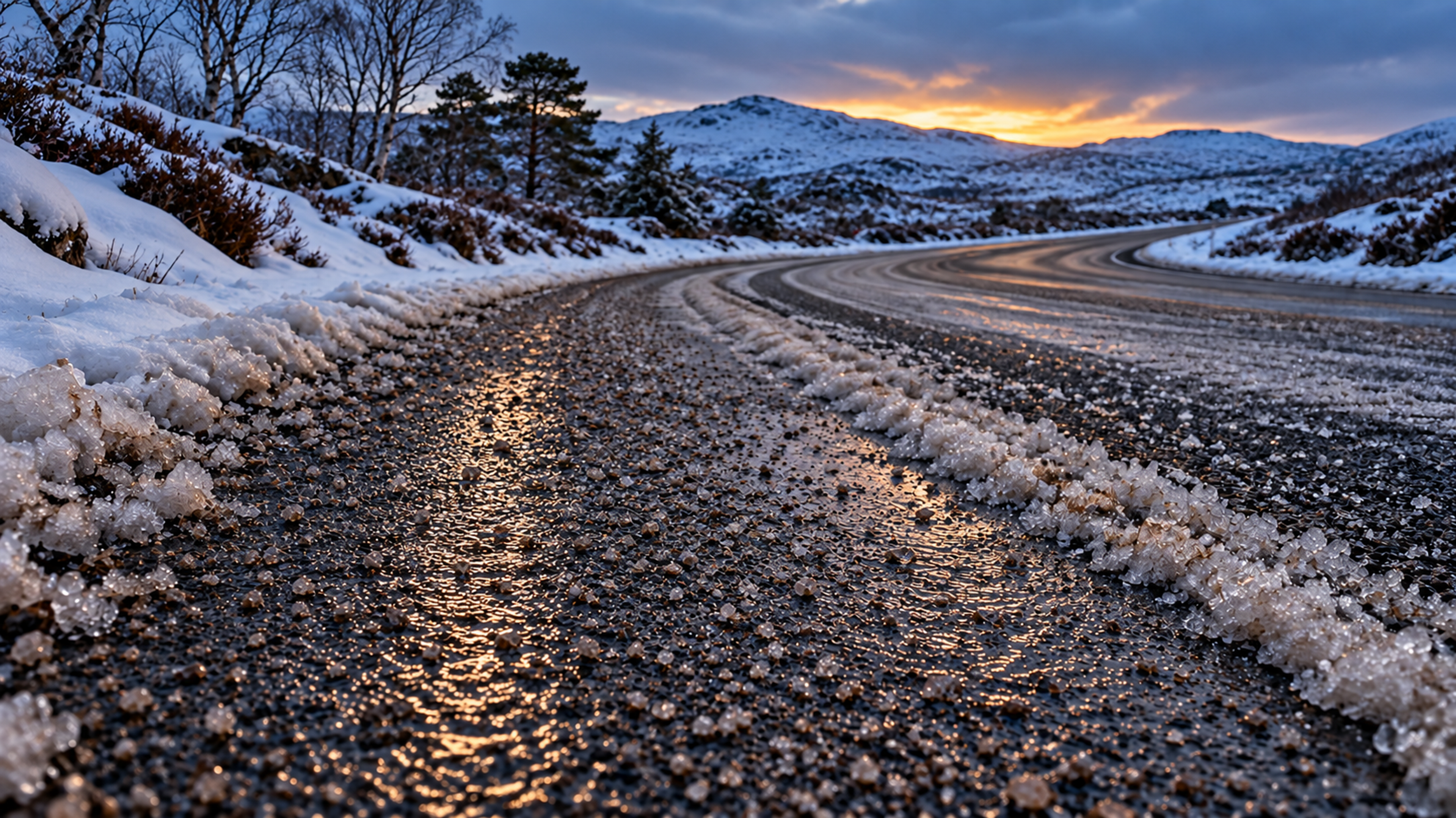 Editorial image: a treated road at dawn in winter. No text in the artwork.