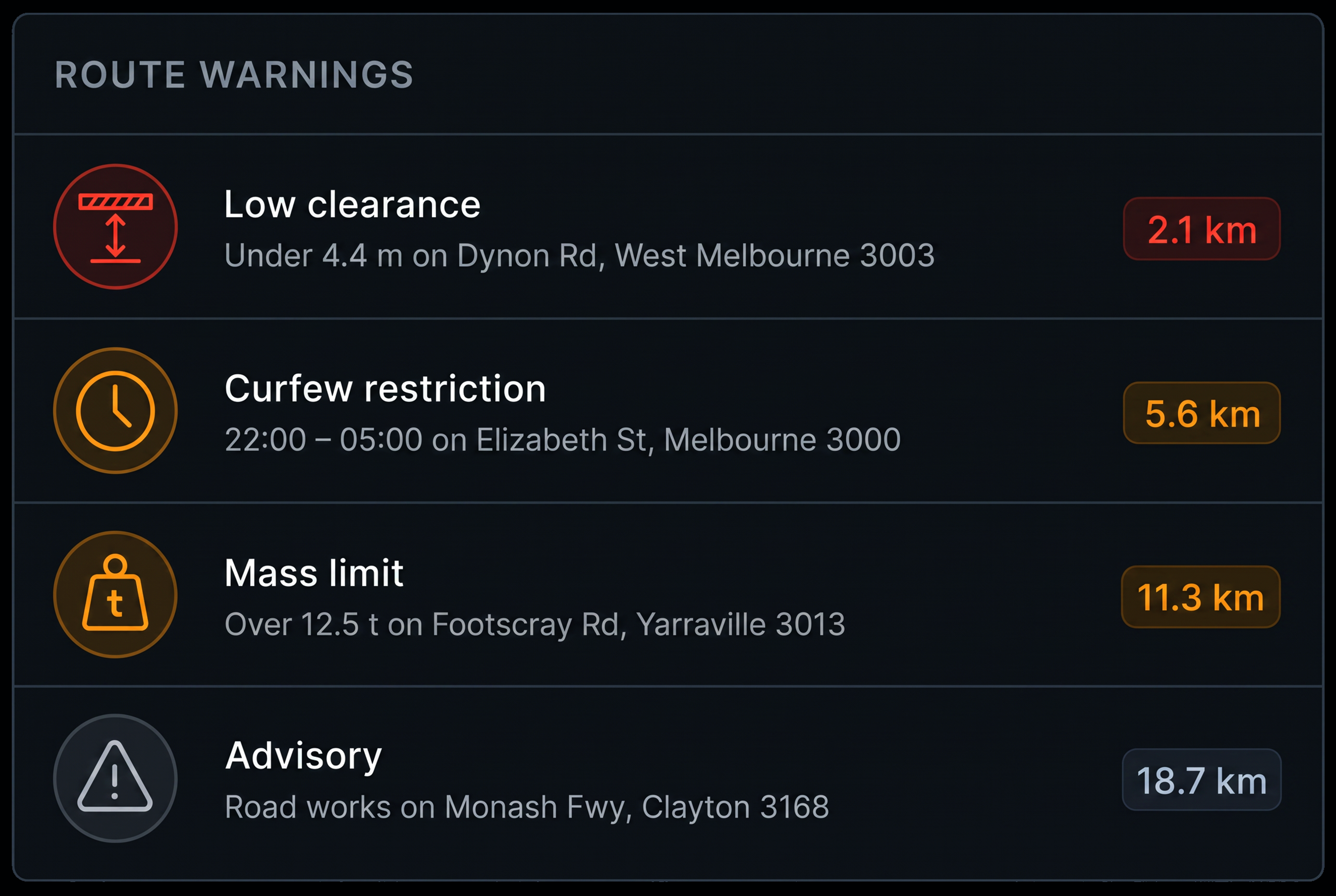 Route warnings list on the plan. 4:3, dark UI.