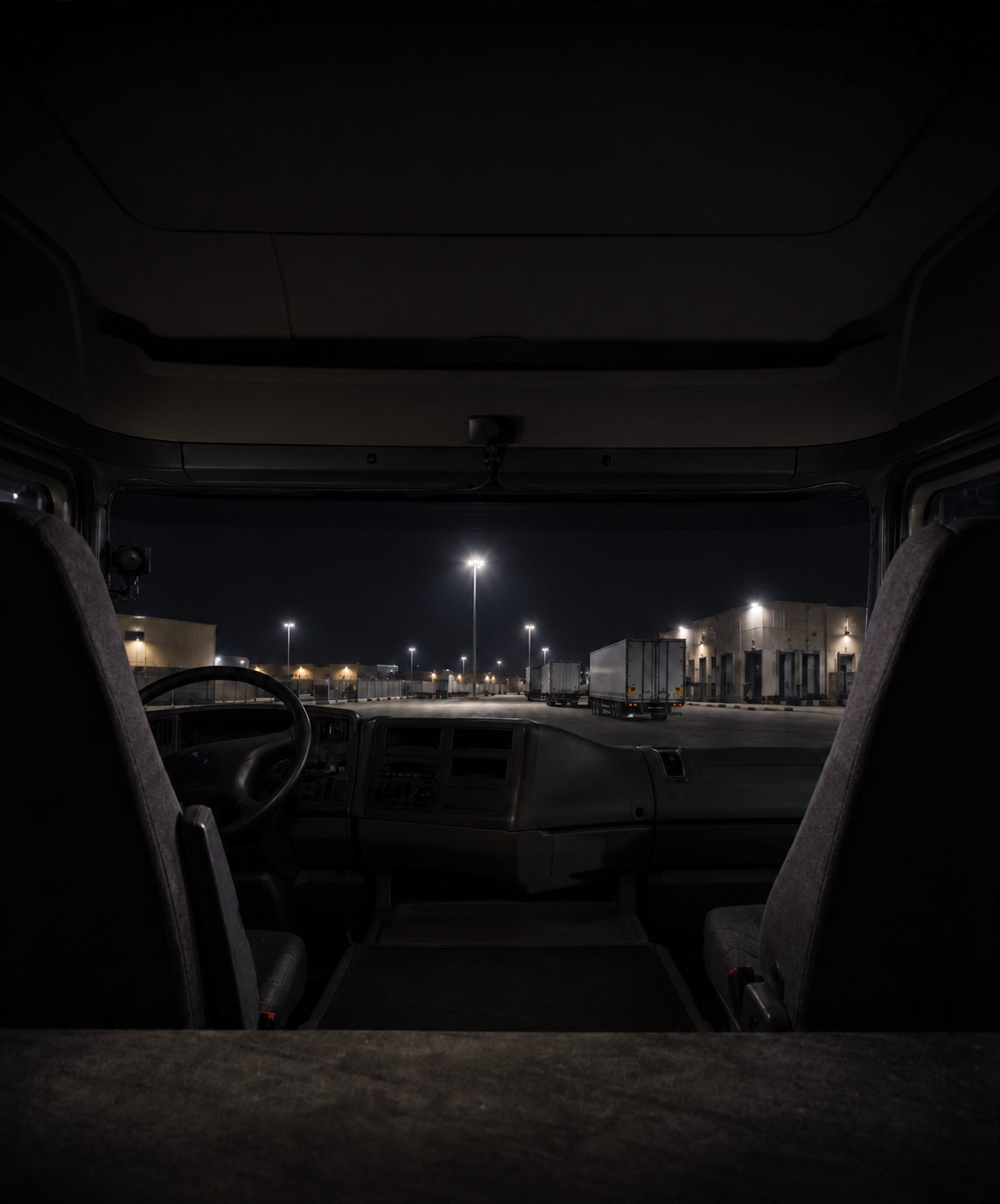 Photograph: a cab interior at night, camera mounted at the screen. Dark and cool, room at the top, no text in the artwork.
