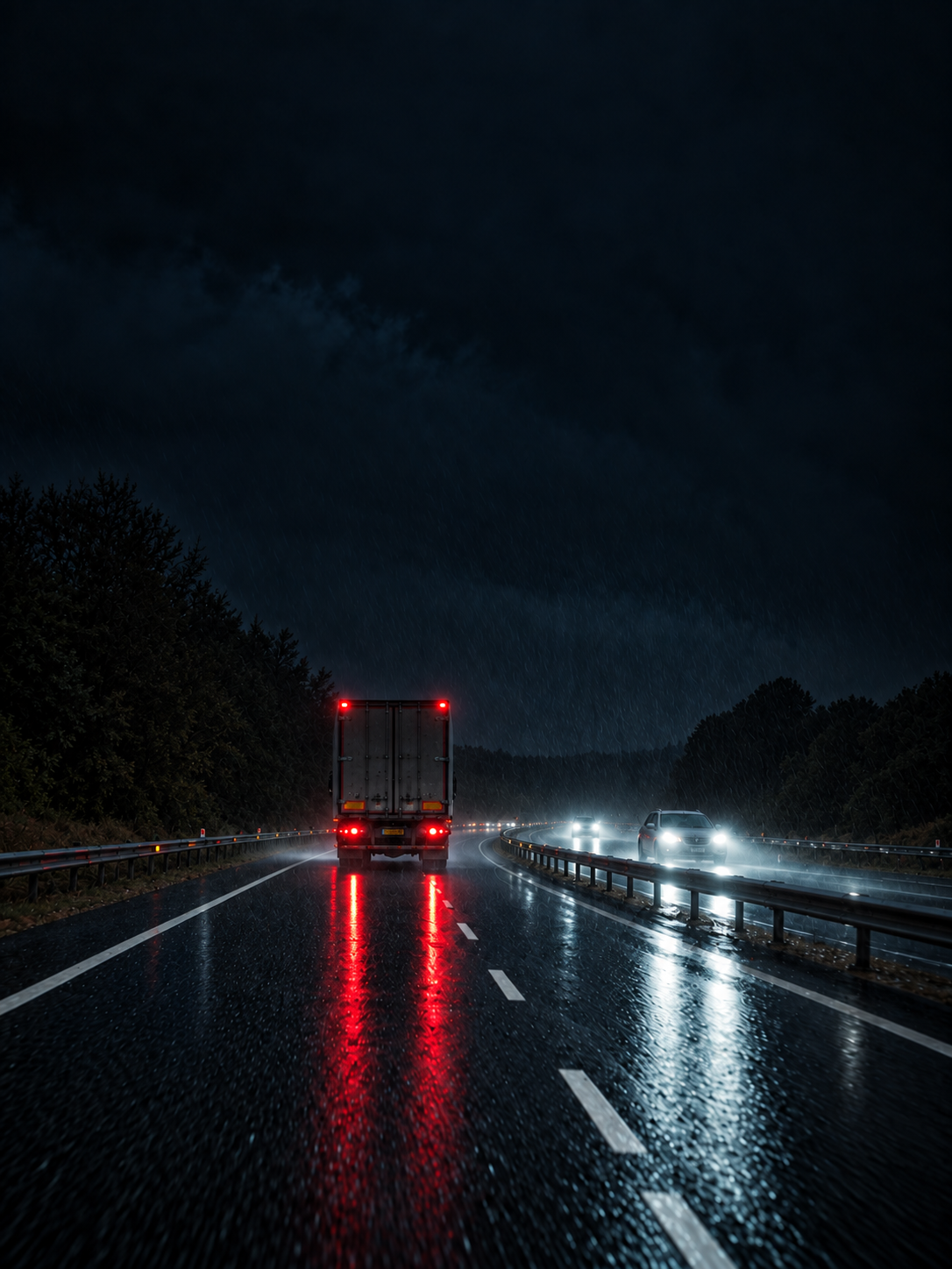 Photograph: a wet road at night with vehicle lights. Dark and cool, room at the top, no text in the artwork.