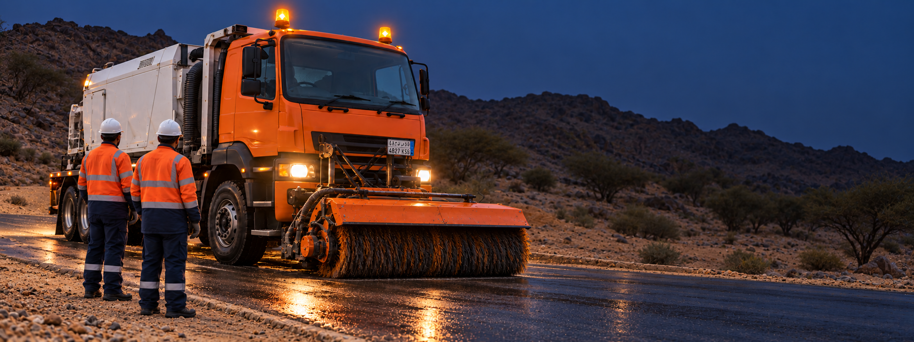 A gritter with a front plough working a treated road in winter light, crew in high-vis alongside. No visible manufacturer badges. Dark and cool enough for a panel to sit over the right third. No text in the artwork. 2400x900.