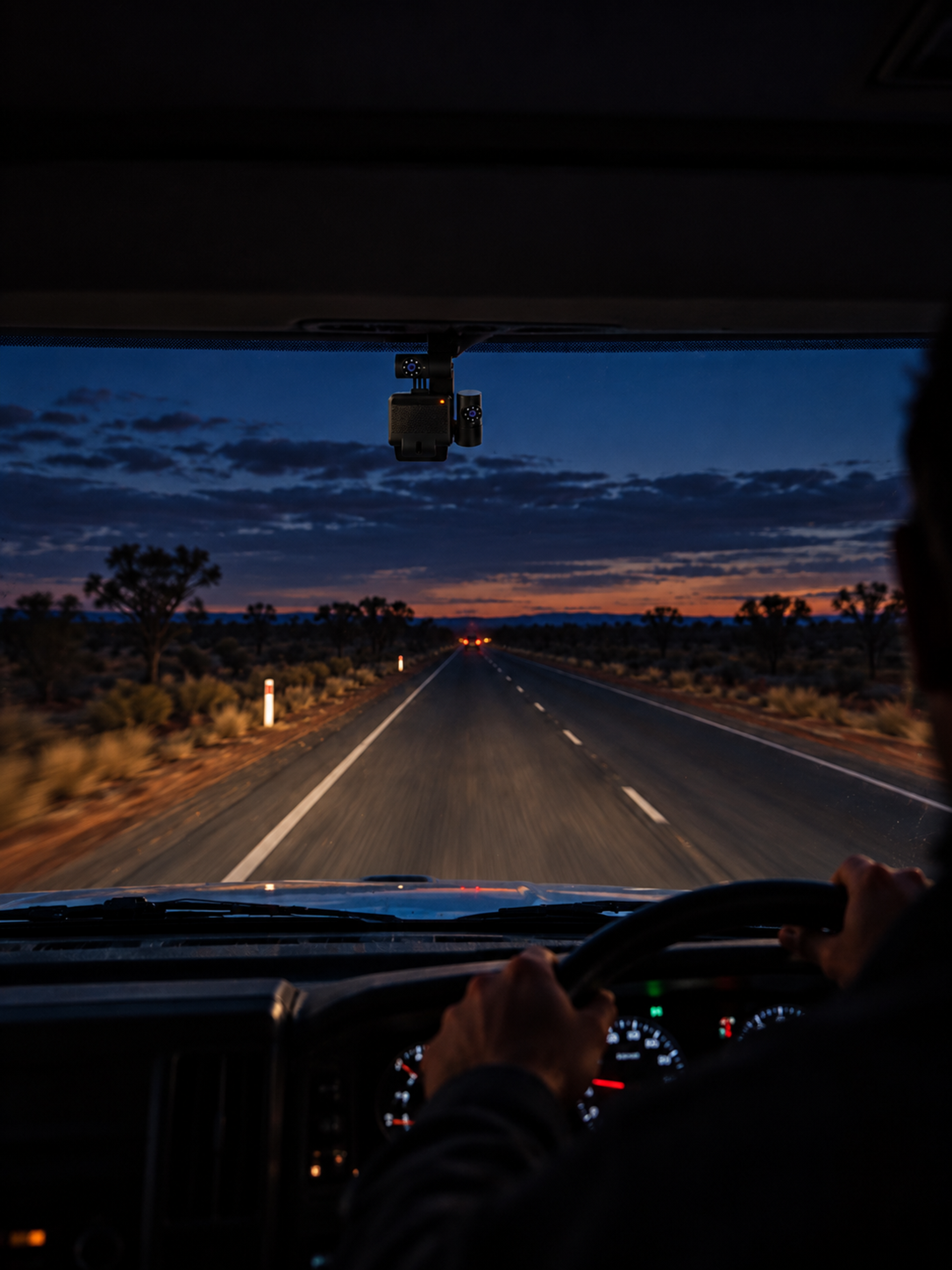 Truck cab at dusk, the driver at the wheel with the in-cab camera above the windscreen