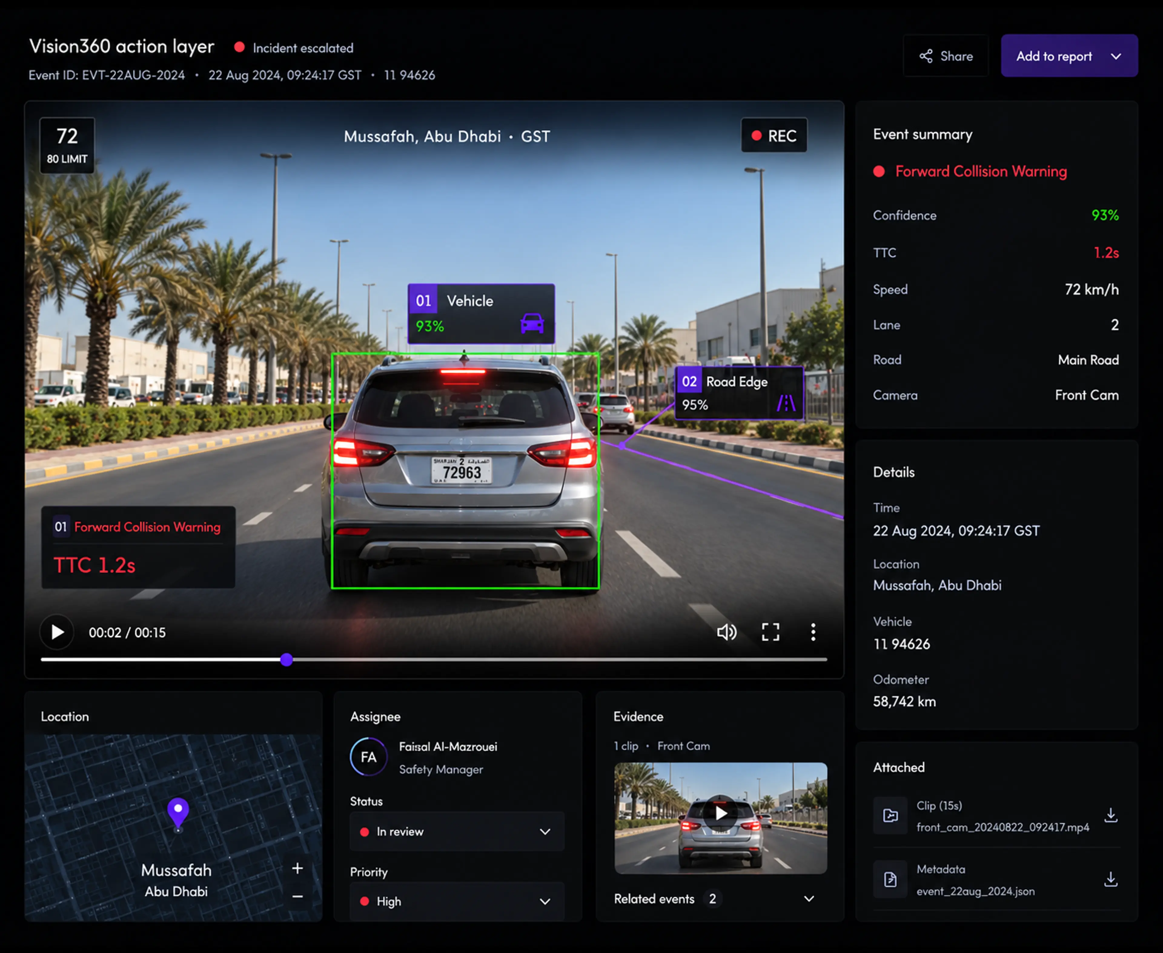 Vision360 action layer: an event escalating into an incident record with the clip, location and assignee attached.