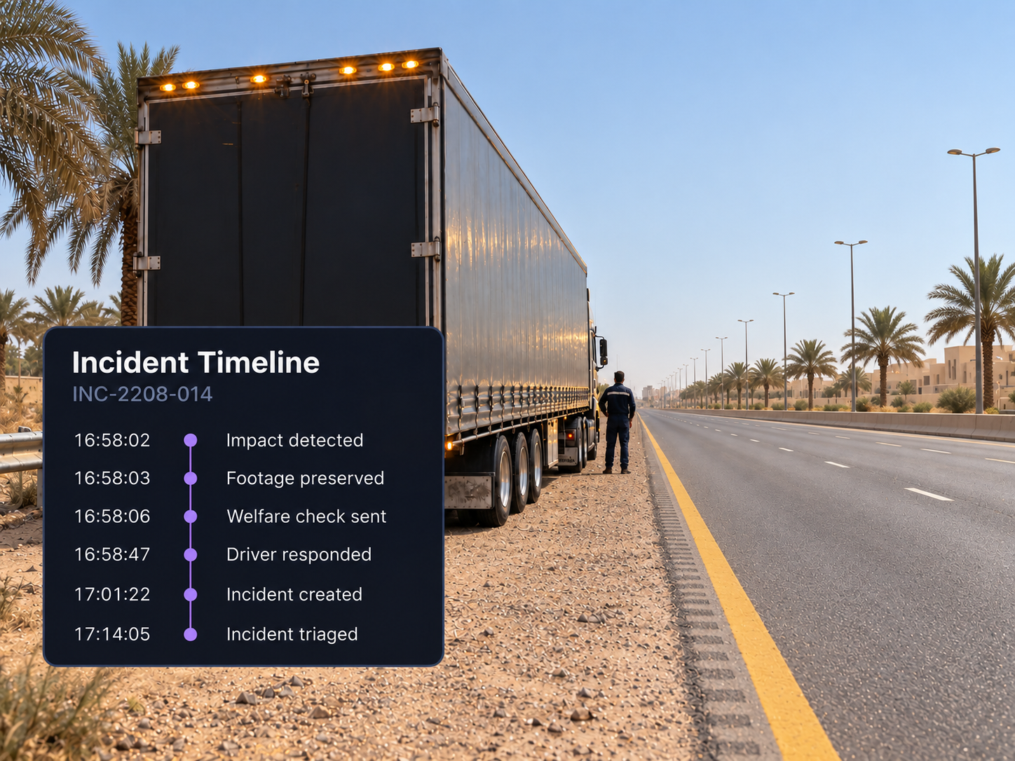 Incident timeline with nine timestamped events running from impact detected to incident triaged. 4:3, dark UI.