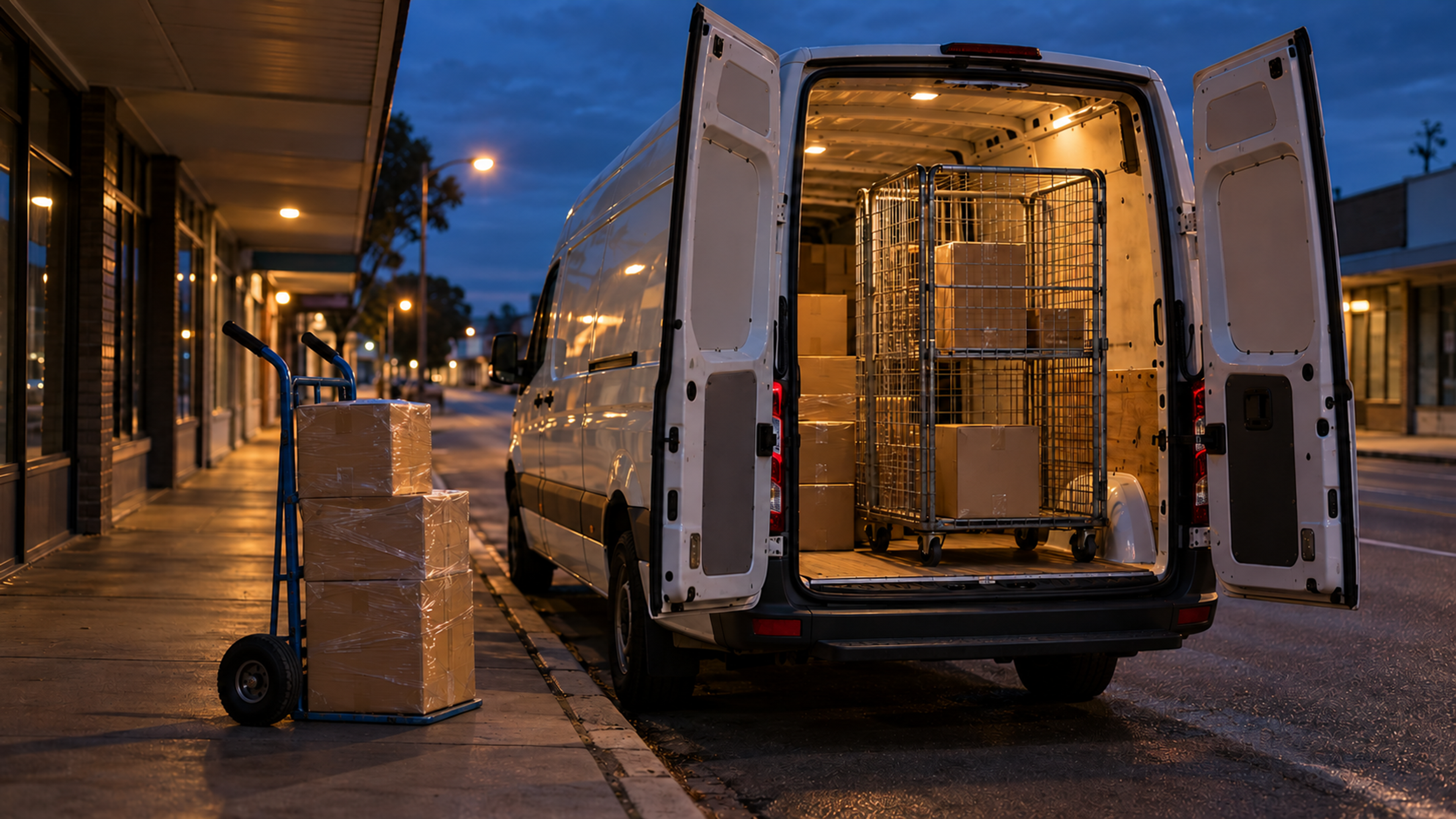 Editorial image: a multi-drop van on a delivery round. No text in the artwork.
