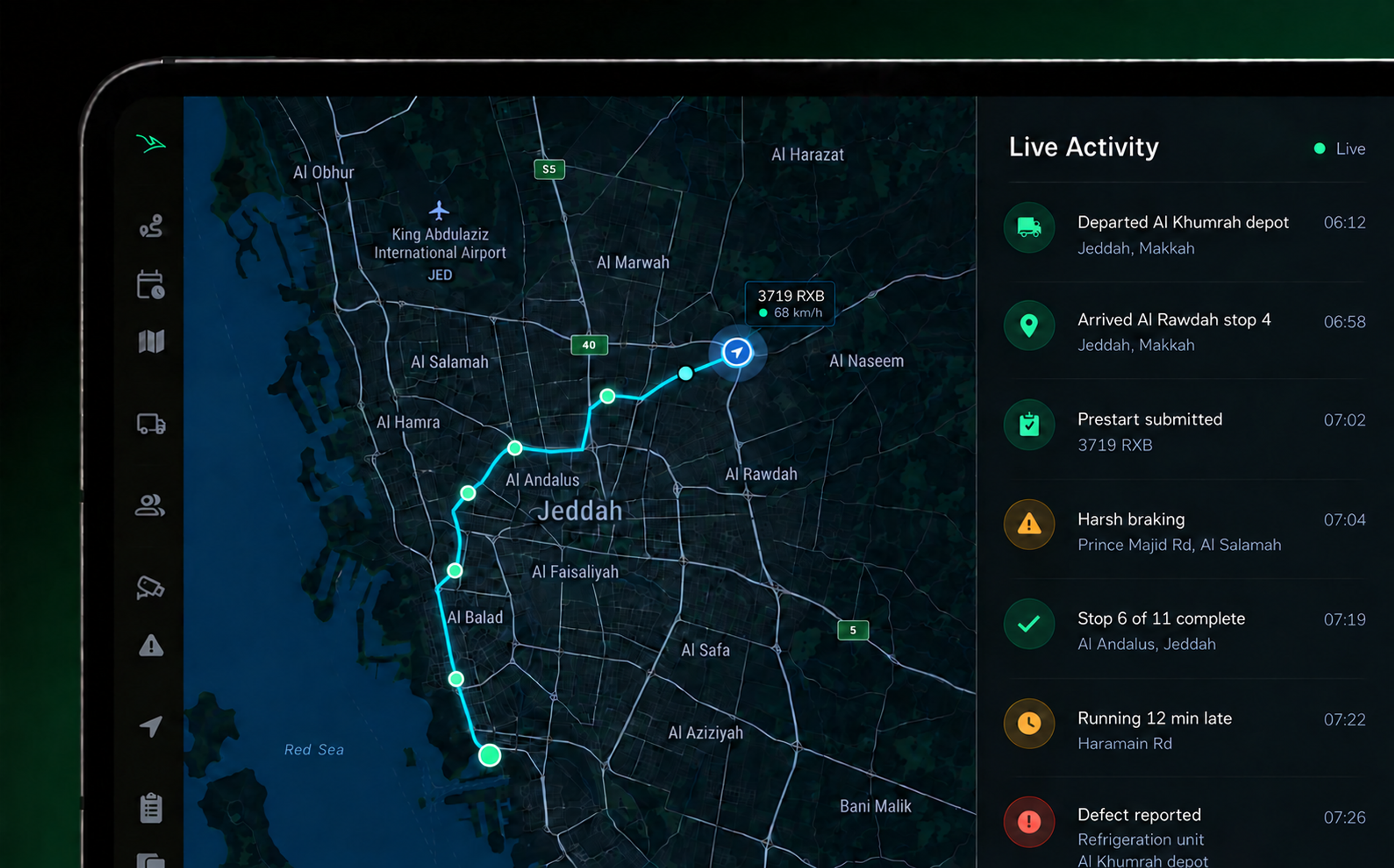 The live map filling the panel: vehicle pins mid-route, beside the activity feed updating as events land.