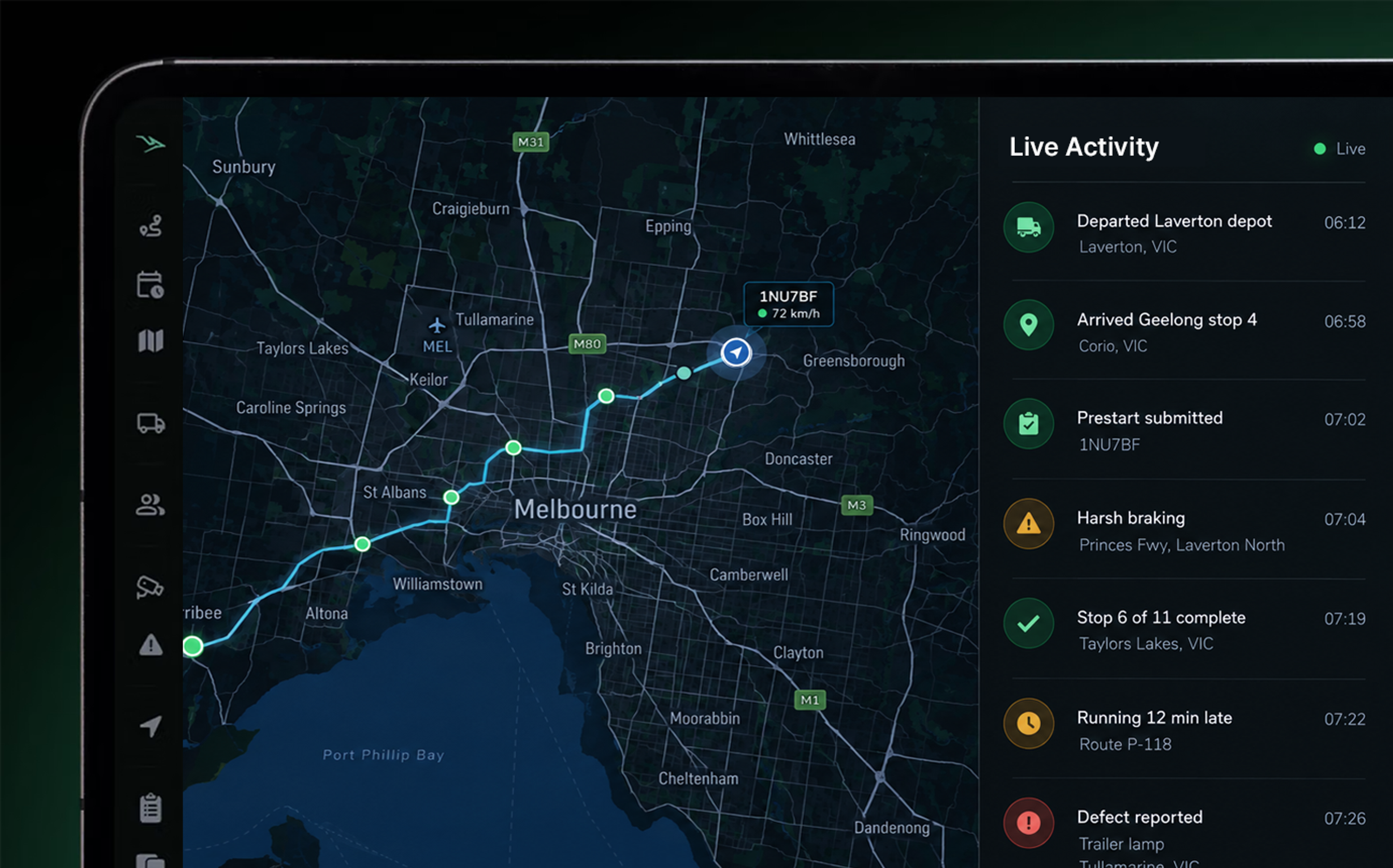 The live map filling the panel: vehicle pins mid-route, beside the activity feed updating as events land.