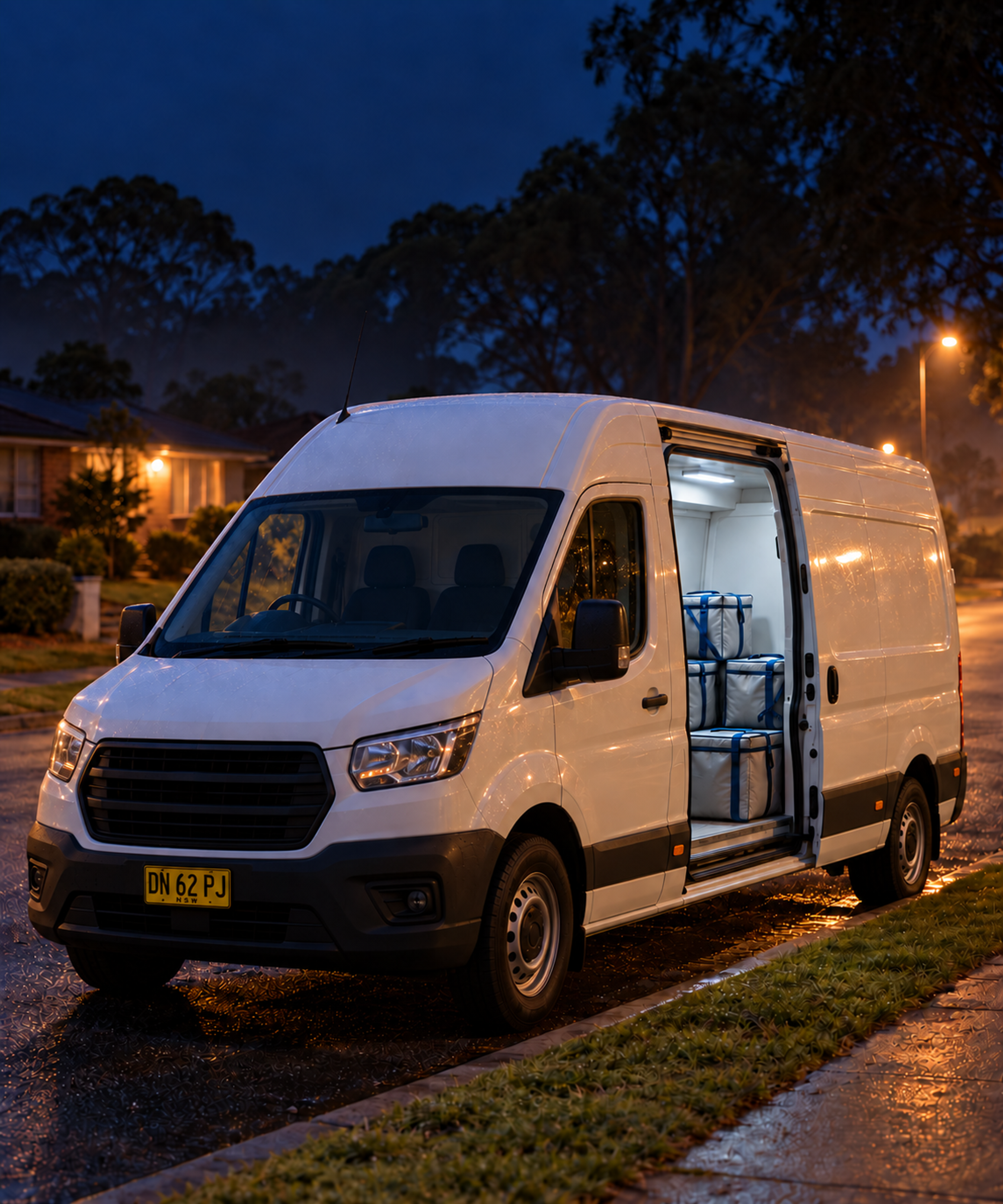 Photograph: a chilled delivery van on a suburban street in early light. Dark and cool, room at the top, no text in the artwork.