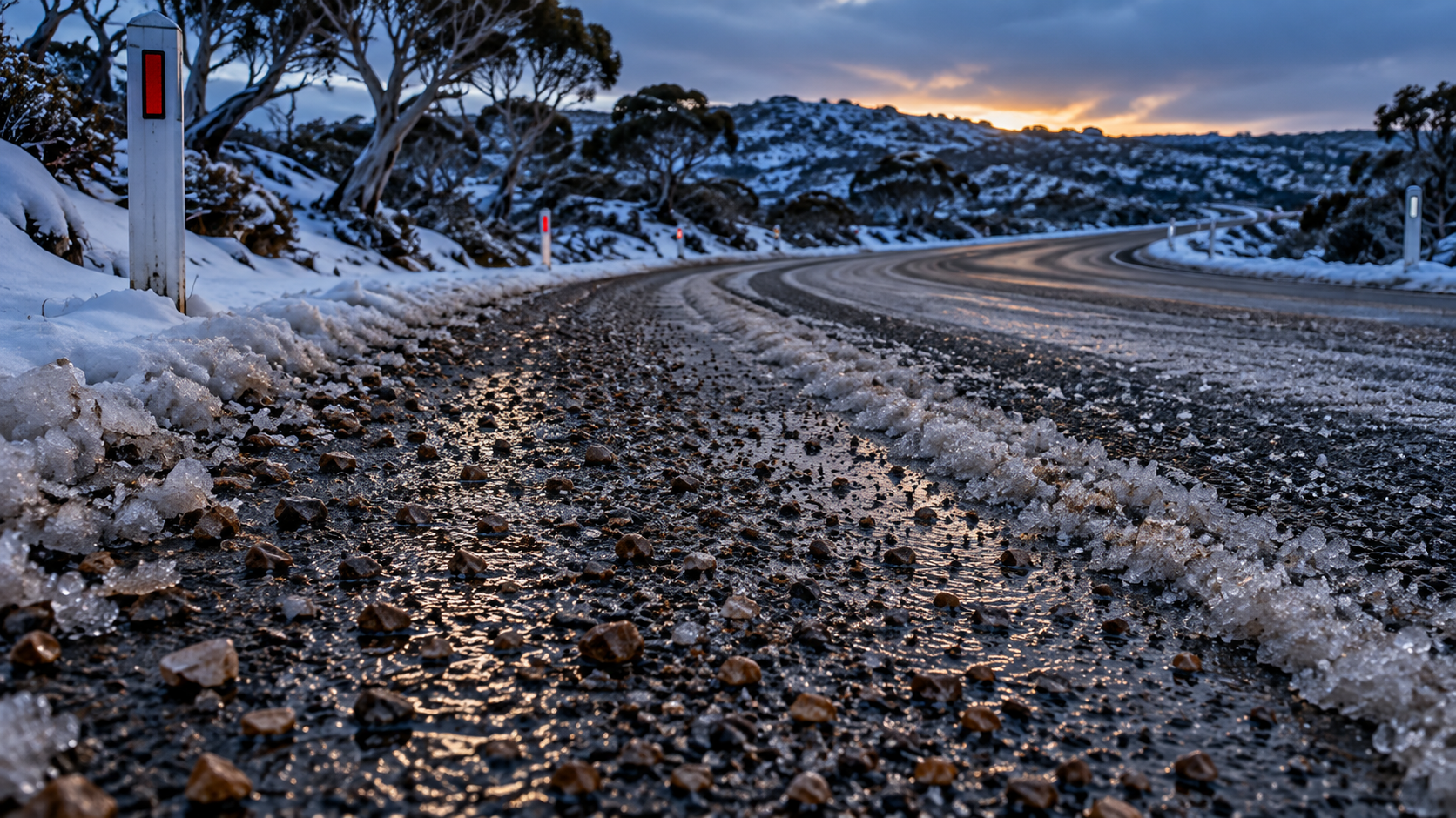 Editorial image: a treated road at dawn in winter. No text in the artwork.