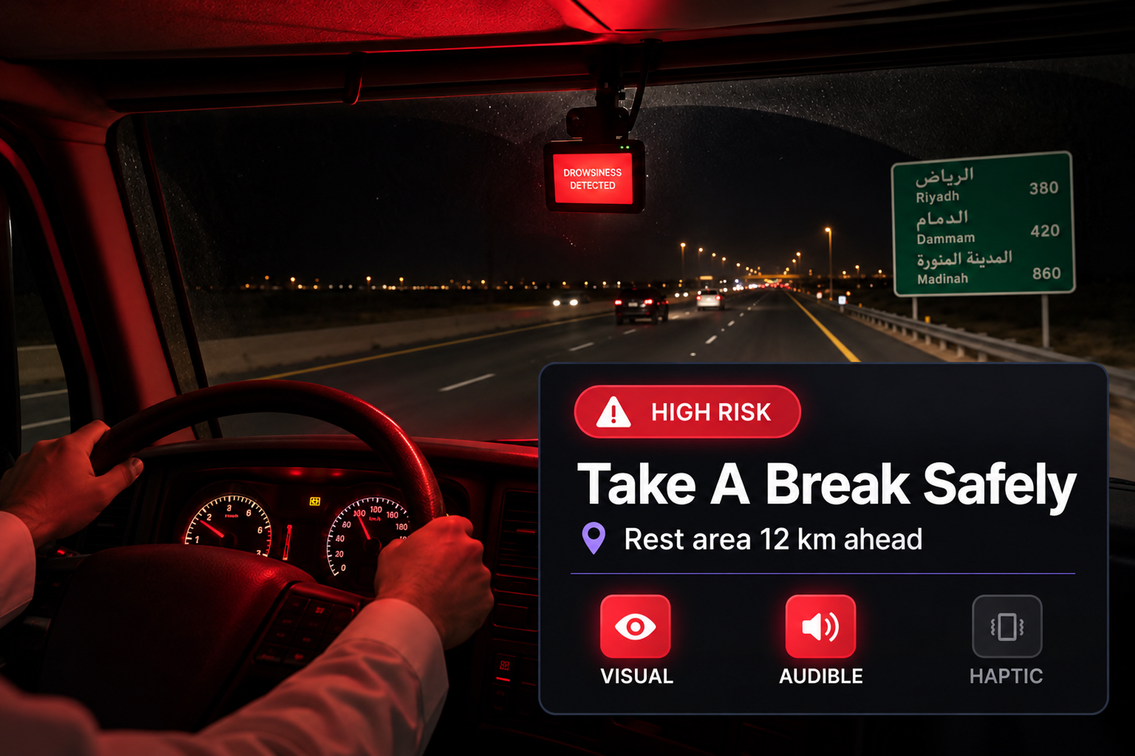 In-cab display showing a drowsiness detected warning with a take a break safely prompt, above the visual, audible and haptic alert icons. 4:3, dark UI.