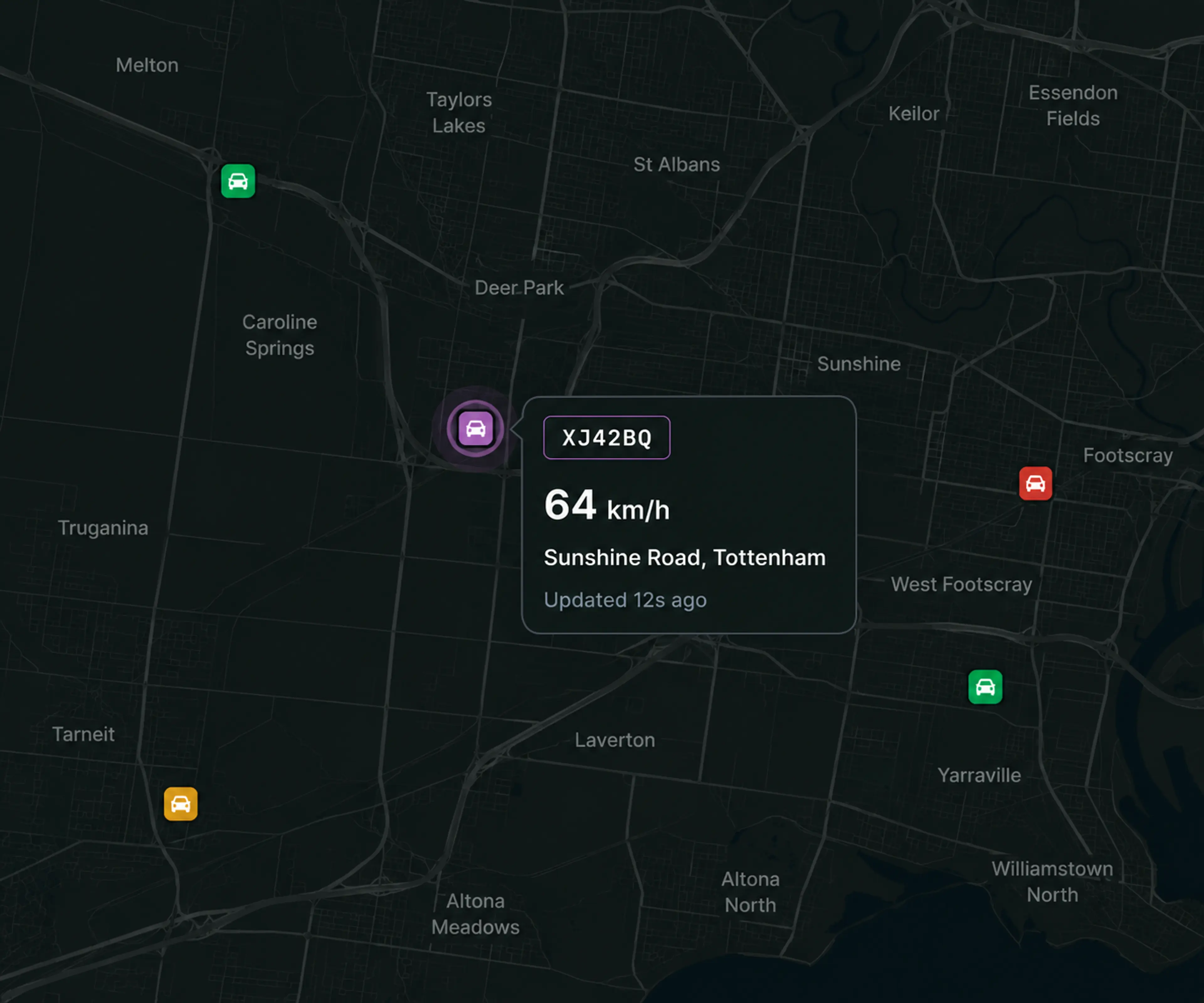 Vision360 live map with a selected vehicle and its location card showing speed, street and time since last update.