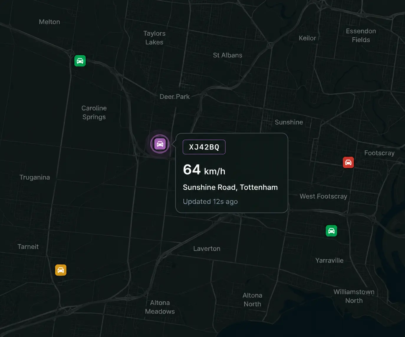 Vision360 live map with a selected vehicle and its location card showing speed, street and time since last update.