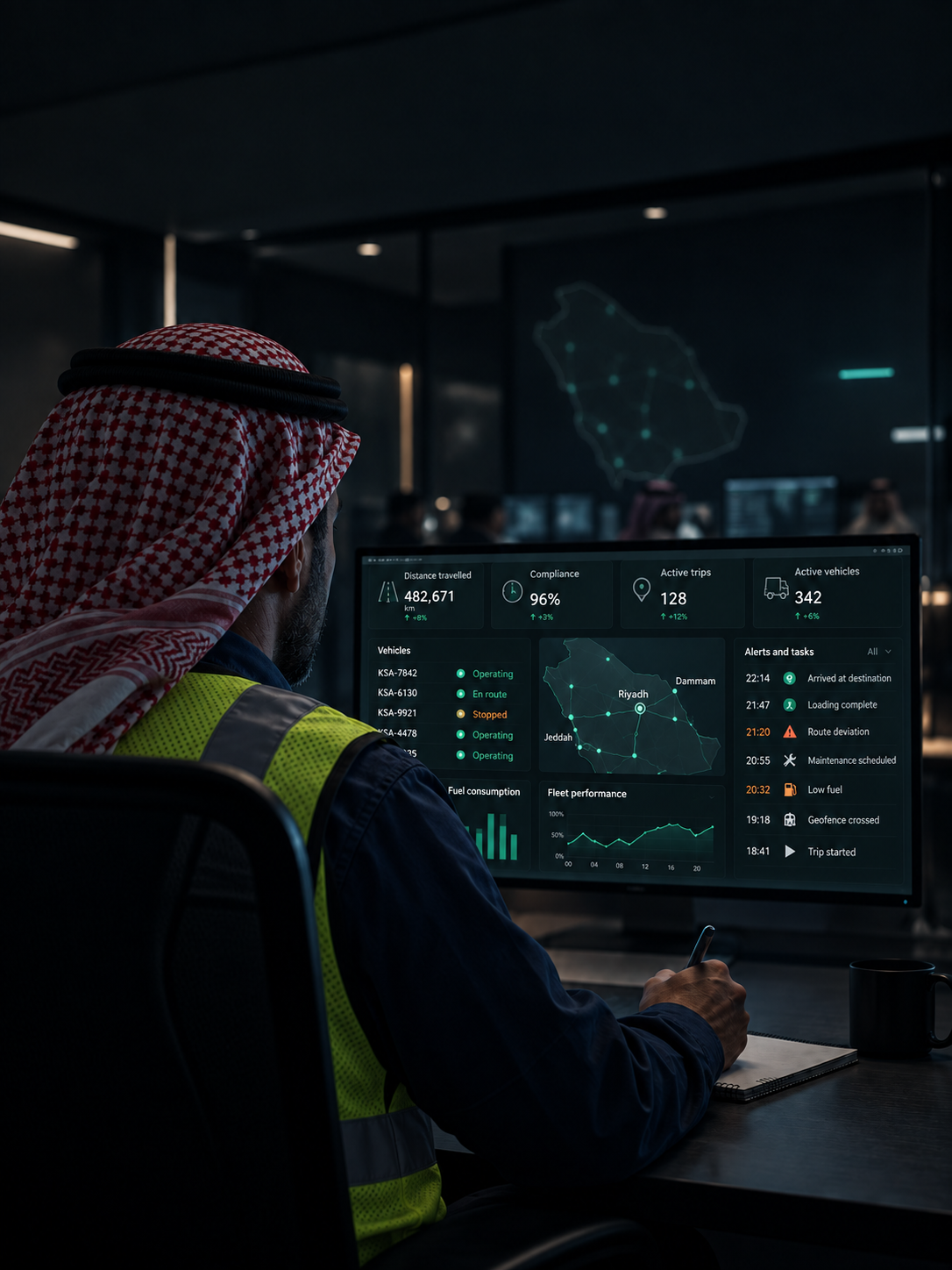 Photograph: a safety manager at a screen in a quiet office at night. Dark and cool, room at the top, no text in the artwork.