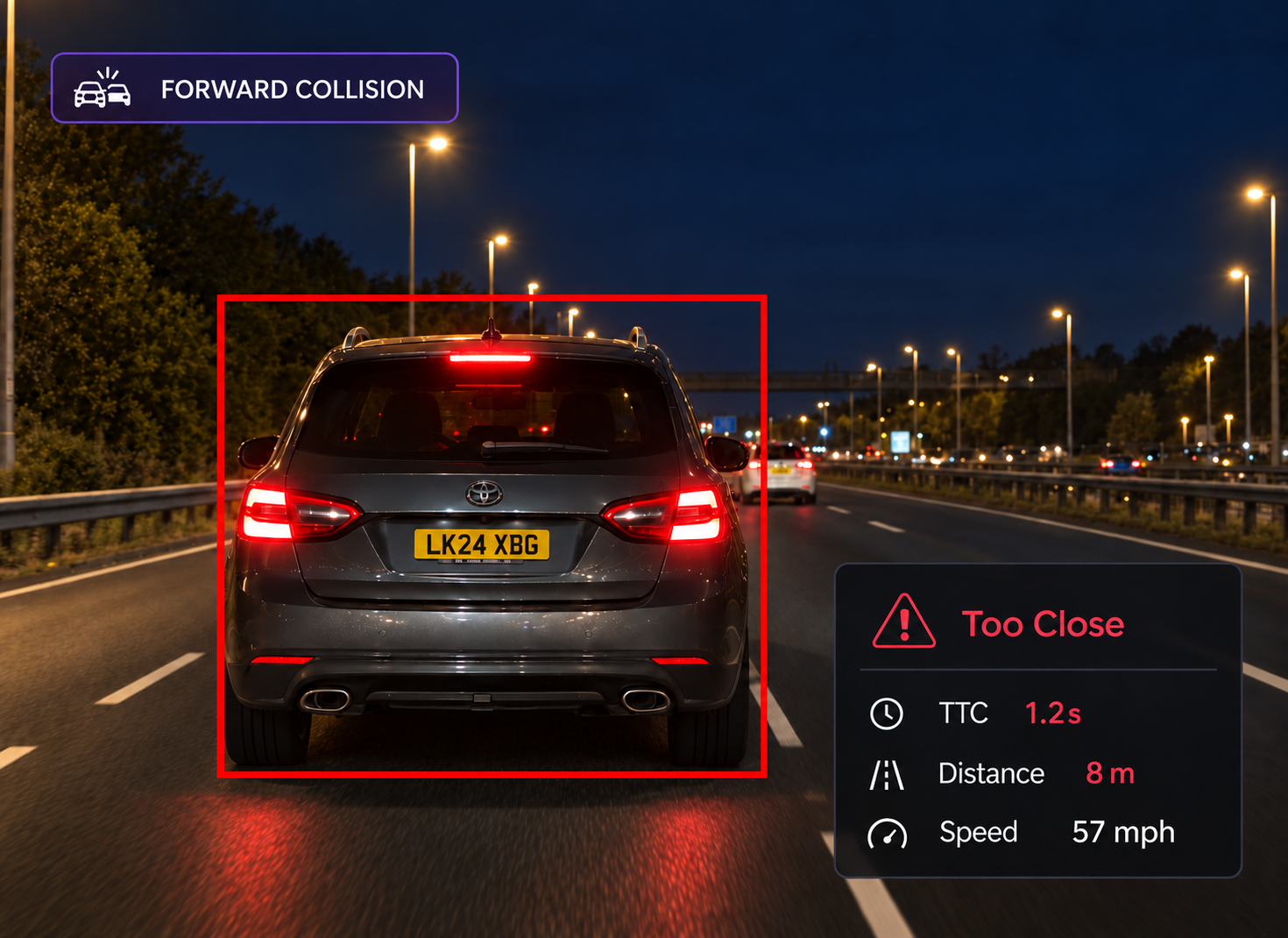 Vision360 forward collision: road-facing frame with the following distance and time-to-collision readout.