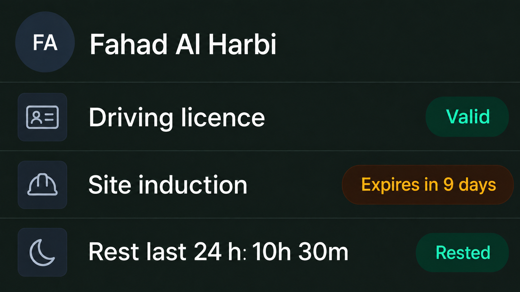 Driver readiness: licences, inductions and recent work and rest against one driver.