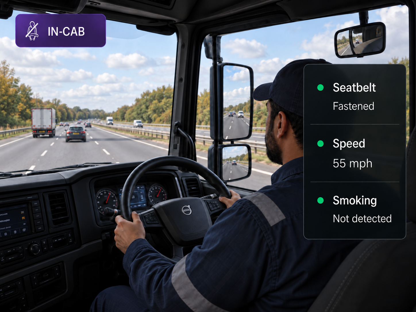 Vision360 in-cab detection: driver-facing frame with the seatbelt and speed state shown.