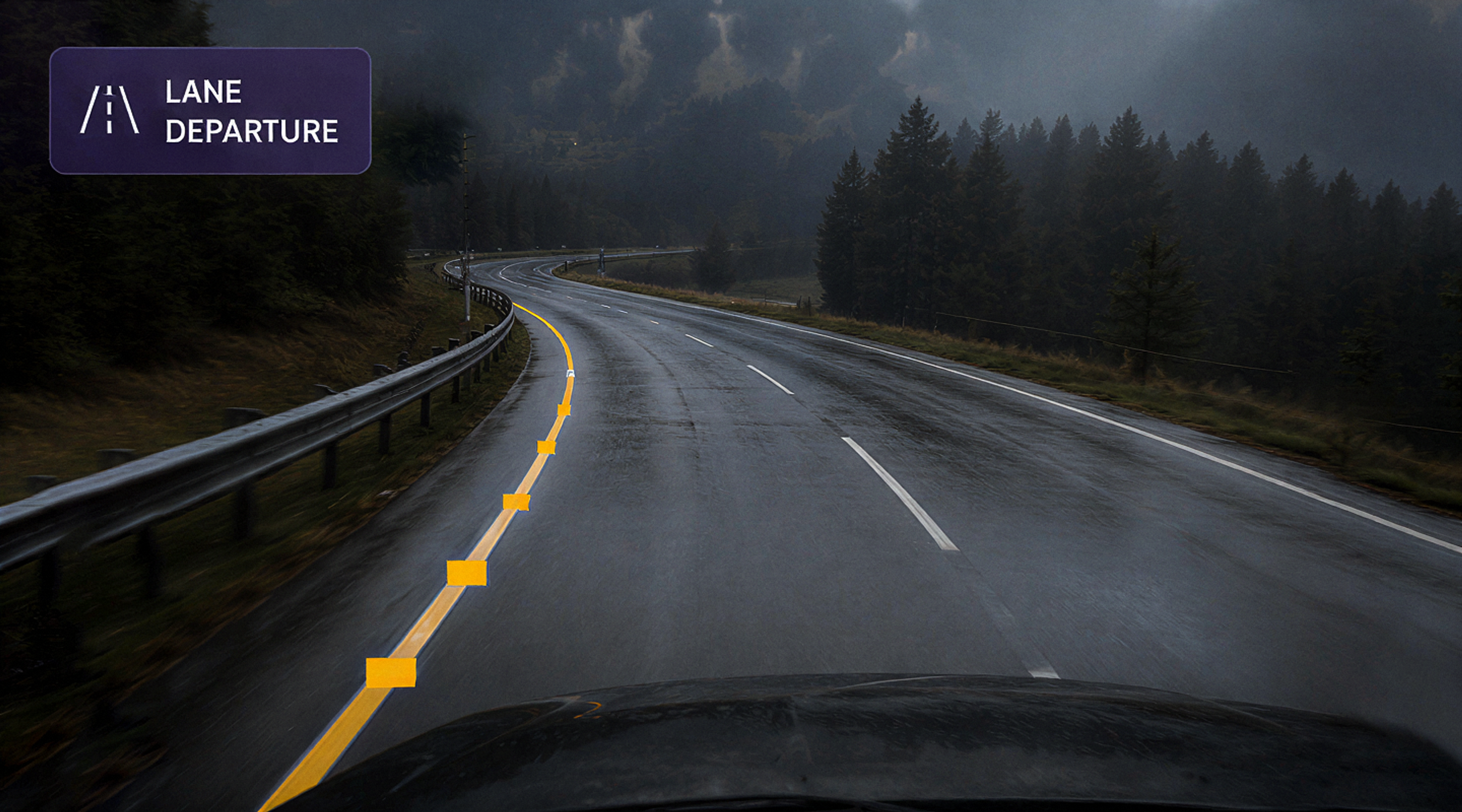 Vision360 lane departure: road-facing frame with the lane lines tracked and the drift marked.
