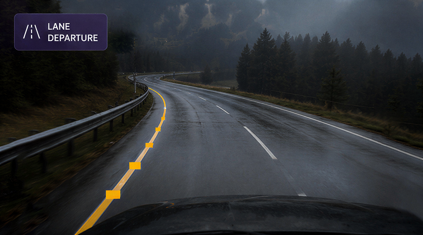 Vision360 lane departure: road-facing frame with the lane lines tracked and the drift marked.
