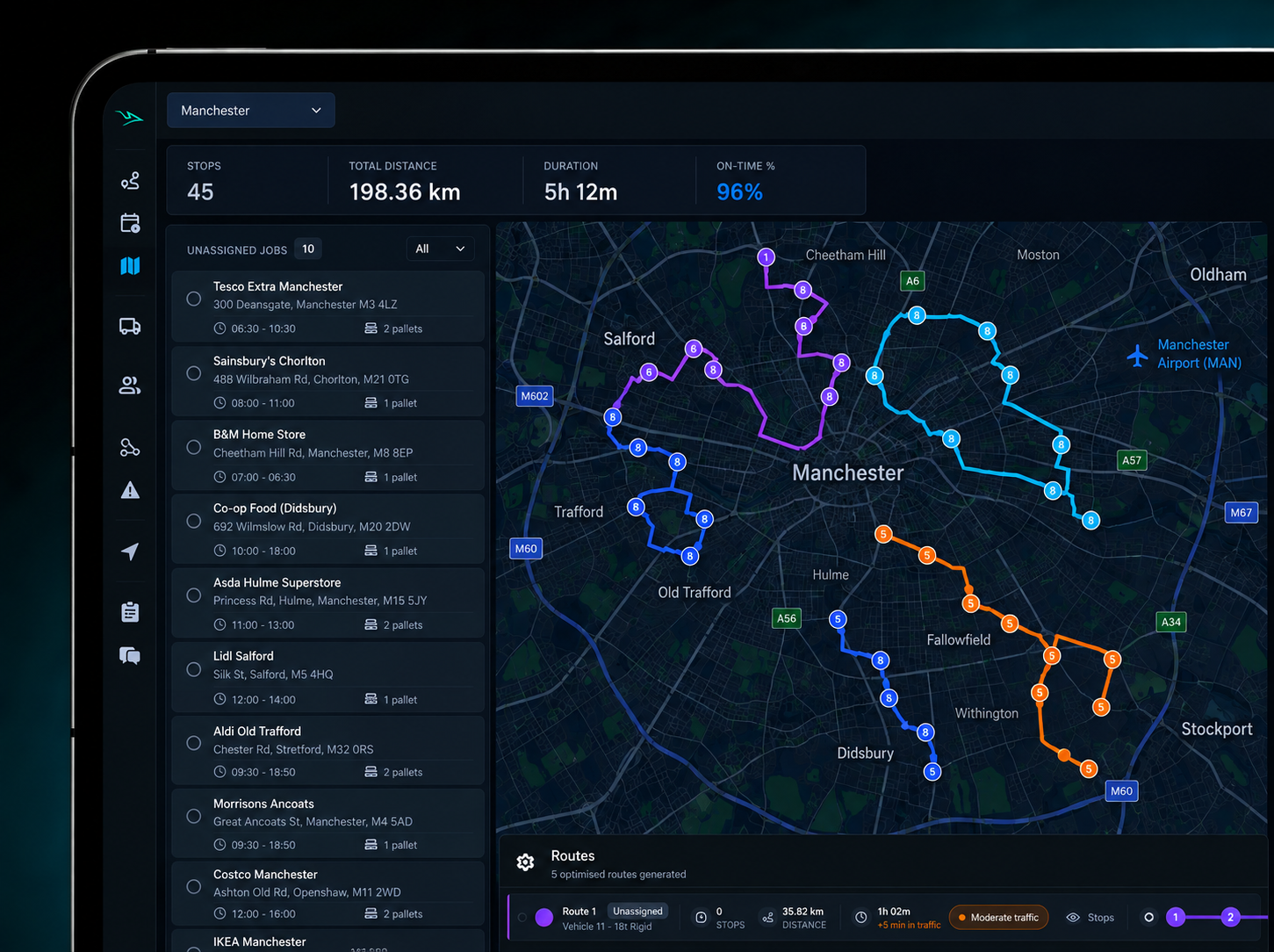 Route360 route planning console: unassigned jobs on the left, five optimised routes drawn on the map, and a plan summary showing stops, total distance, duration, time-window performance, cost per delivery and capacity utilisation. 16:10, dark UI, 2560x1600.