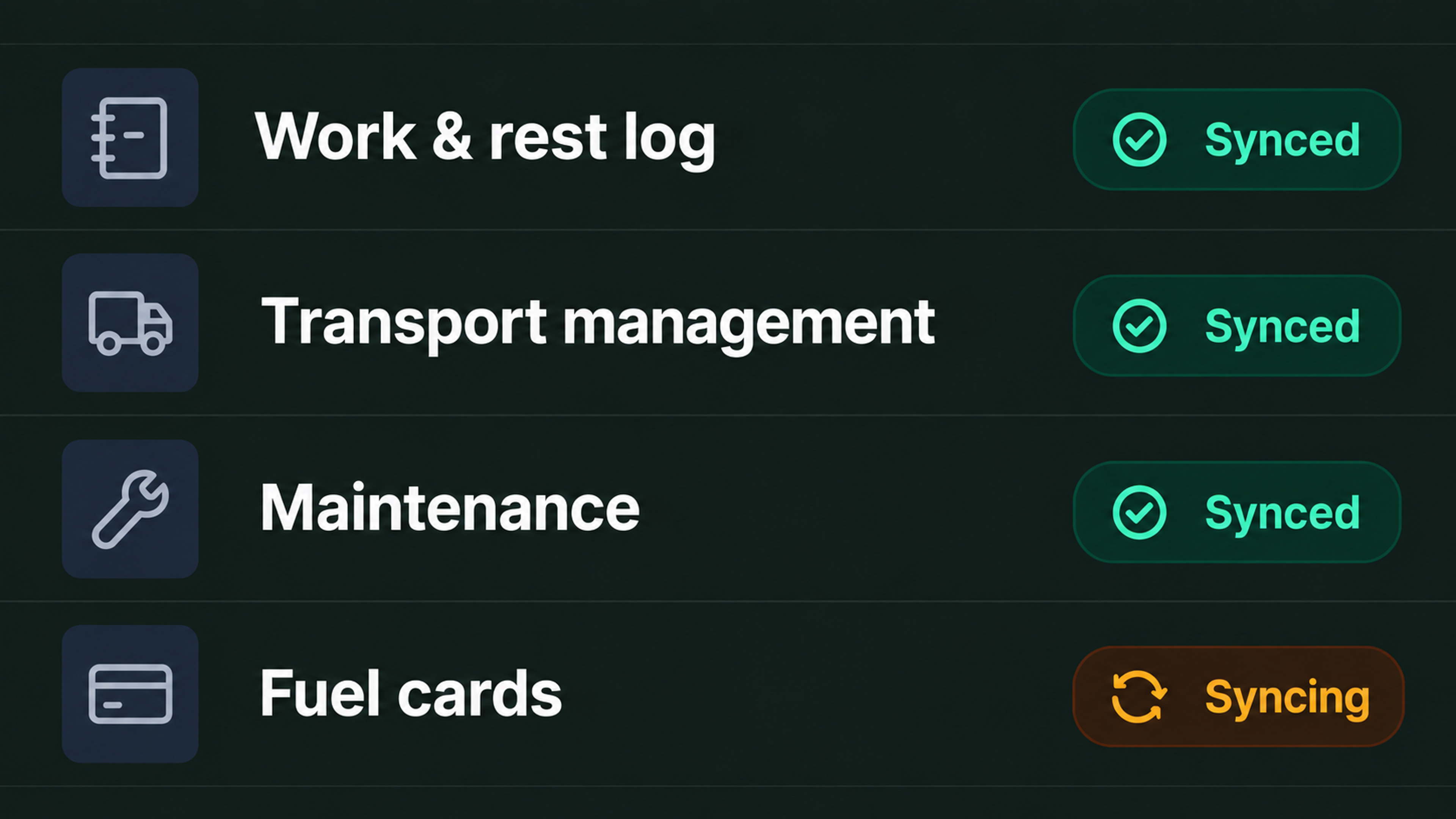 Integrations view: connected system categories with their sync status.