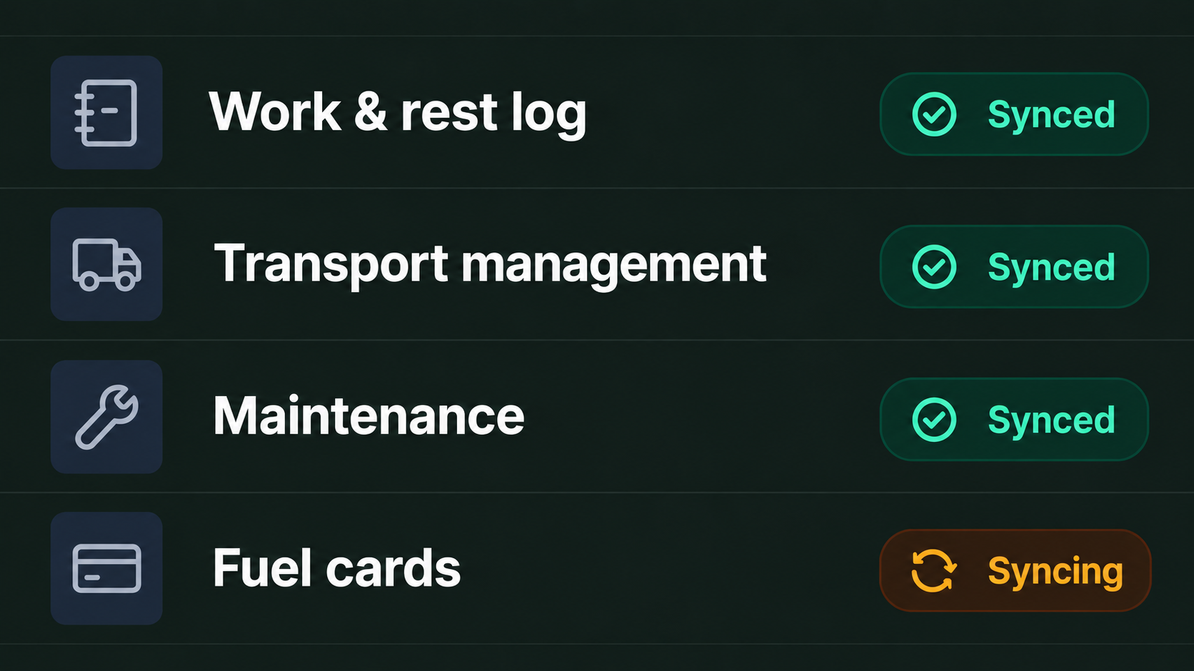 Integrations view: connected system categories with their sync status.