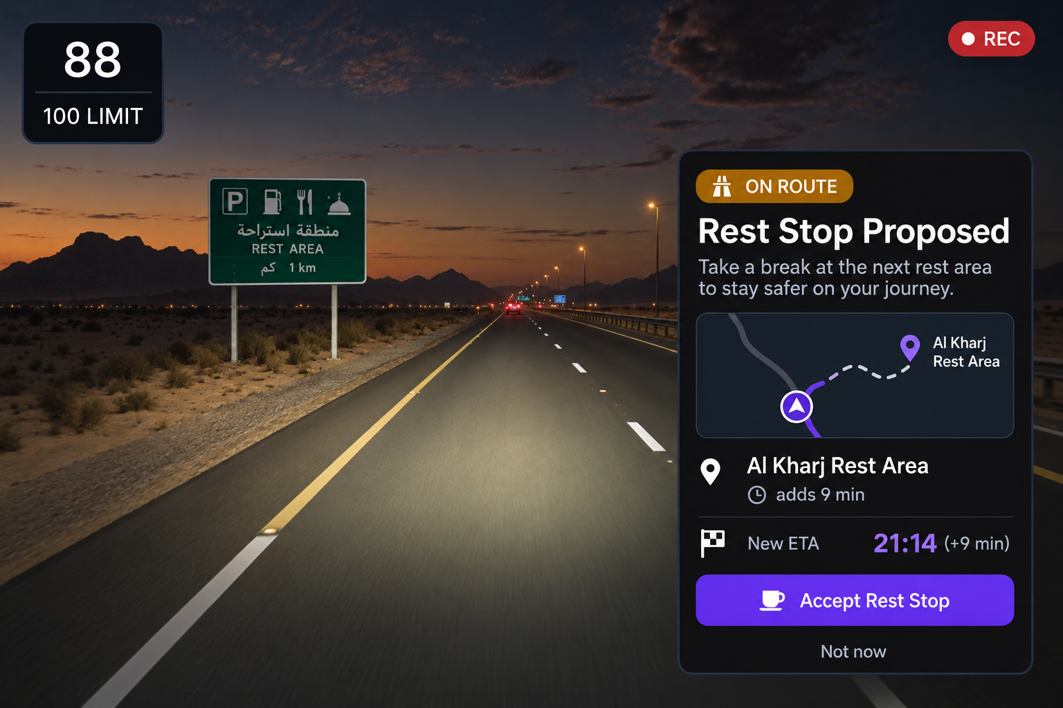 Safe rest stop example: the five-step checklist beside a map showing the diversion to a rest location and the estimated additional time. 4:3, dark UI.