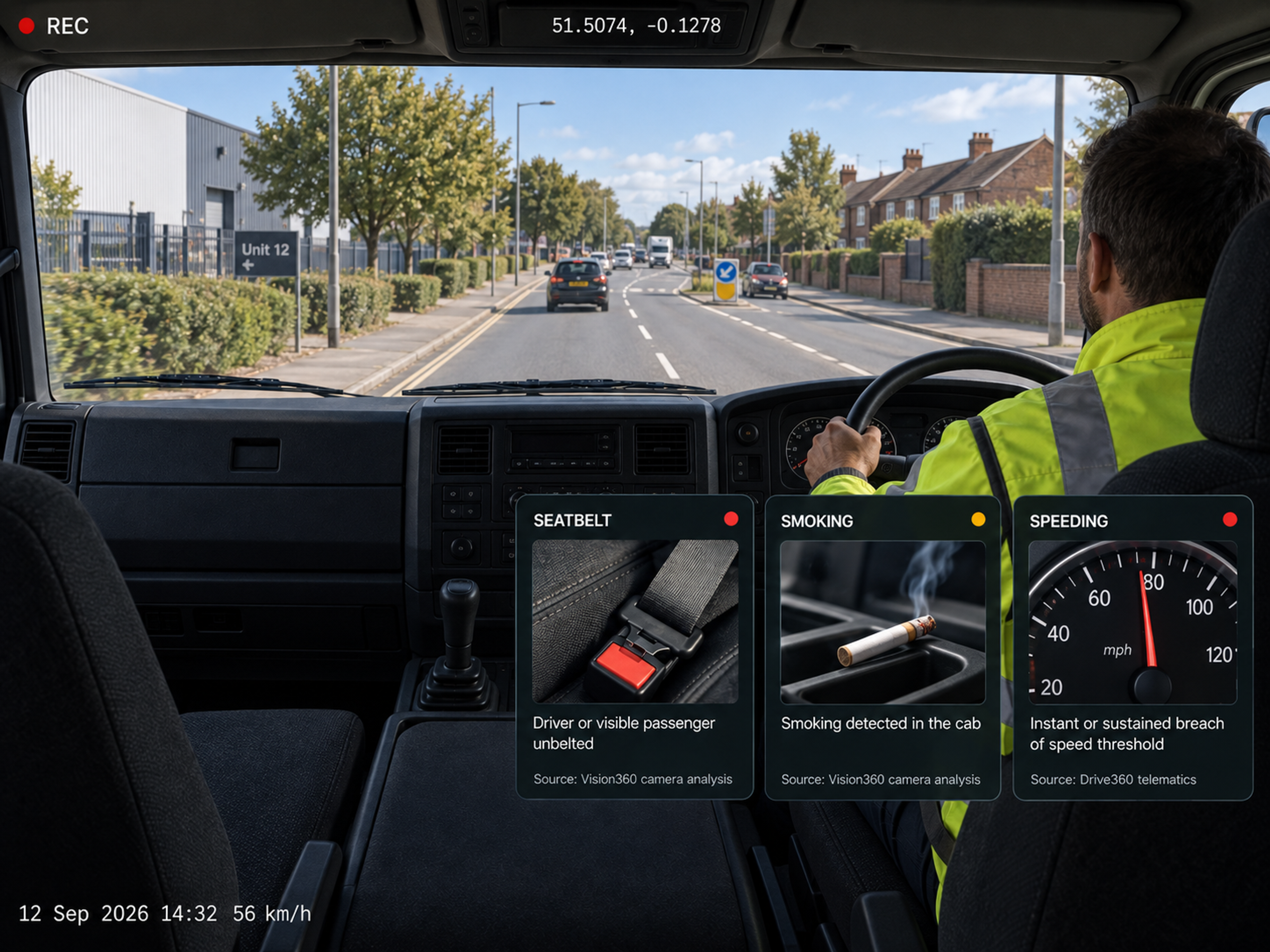 The three event types side by side, each with its own tinted card, image and source line: a fastened seatbelt buckle, smoking in-cab, and a speedometer past the limit. 4:3, dark UI.