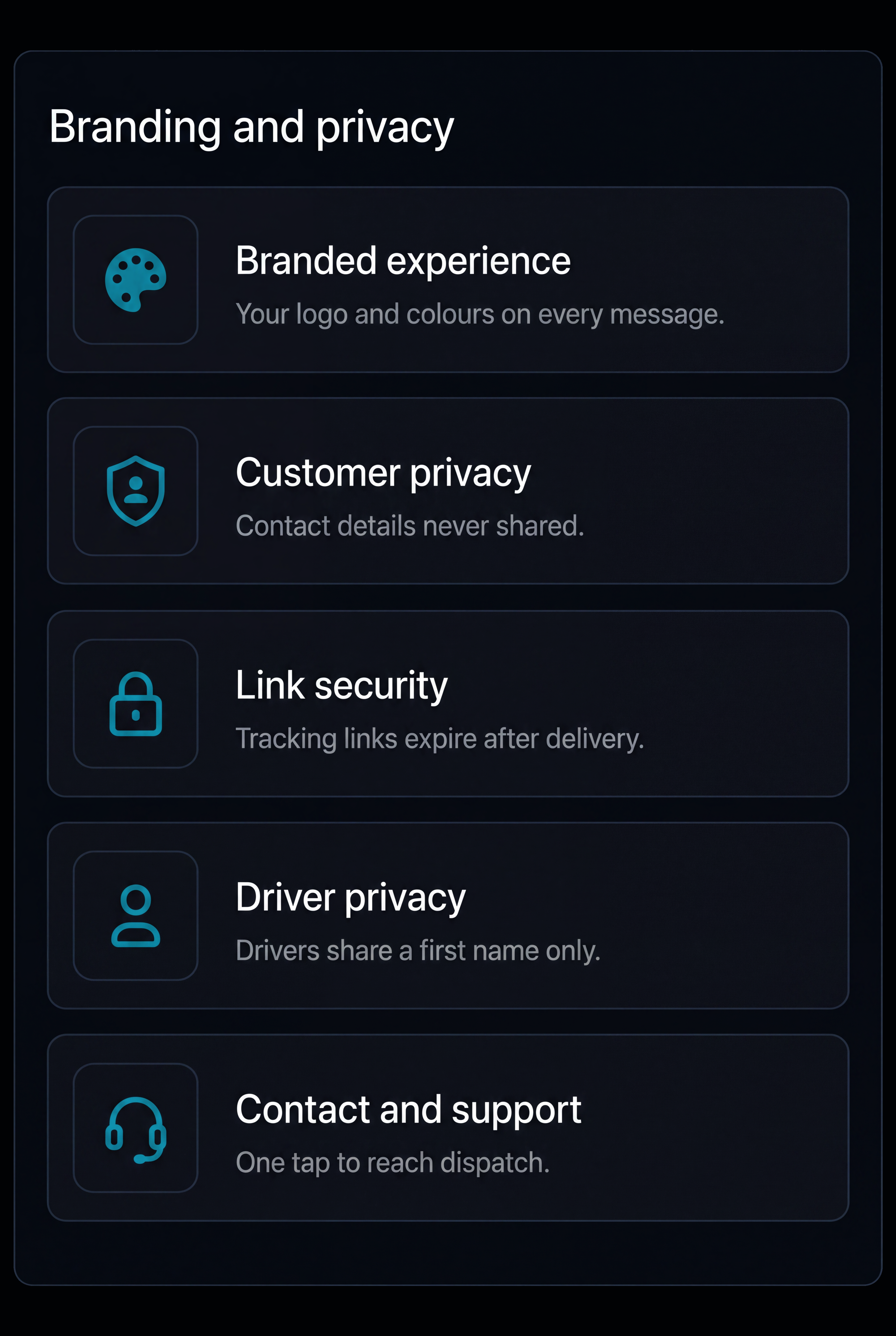 Branding and privacy panel: branded experience, customer privacy, link security, driver privacy and contact and support. Portrait, 9:13 crop.
