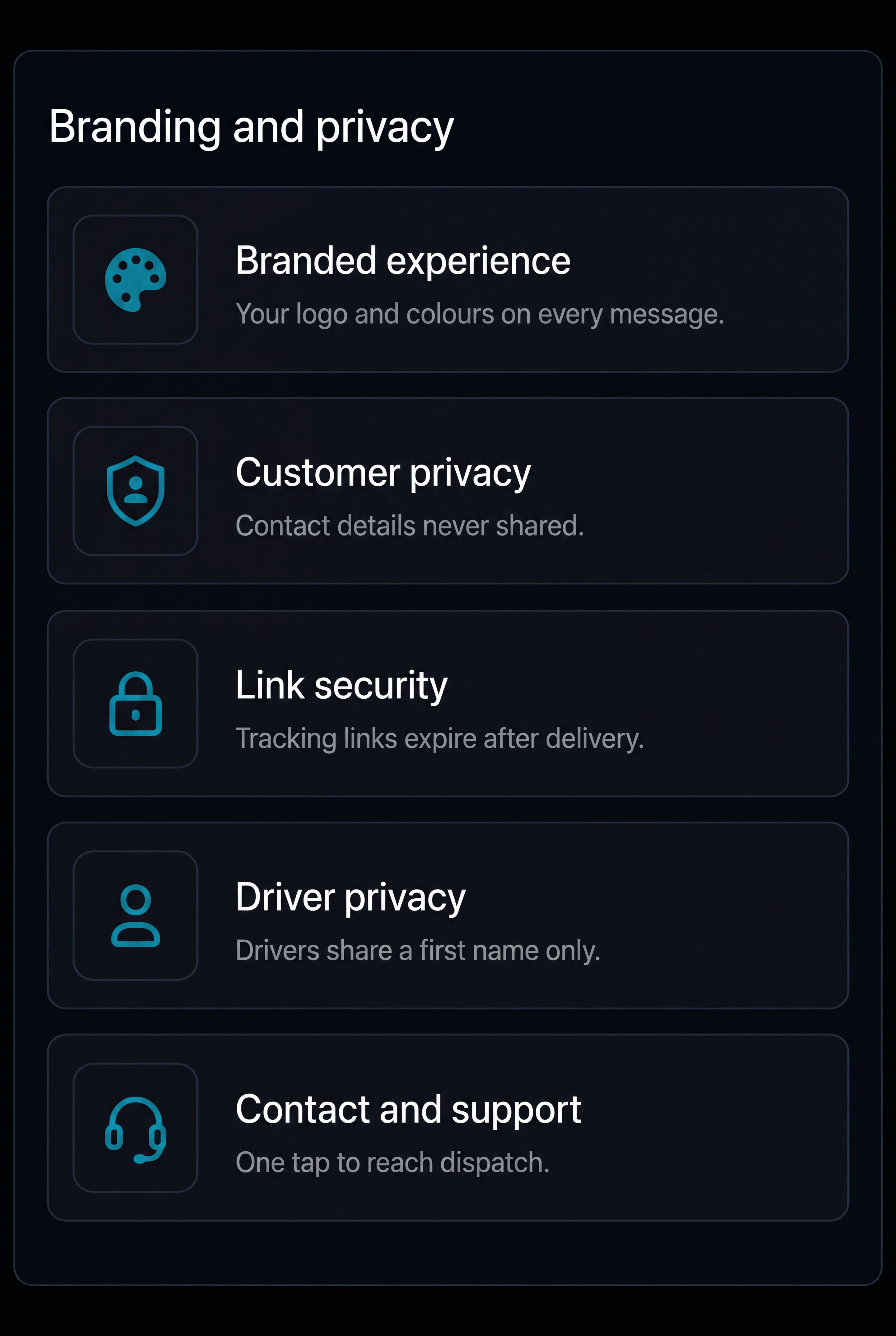 Branding and privacy panel: branded experience, customer privacy, link security, driver privacy and contact and support. Portrait, 9:13 crop.