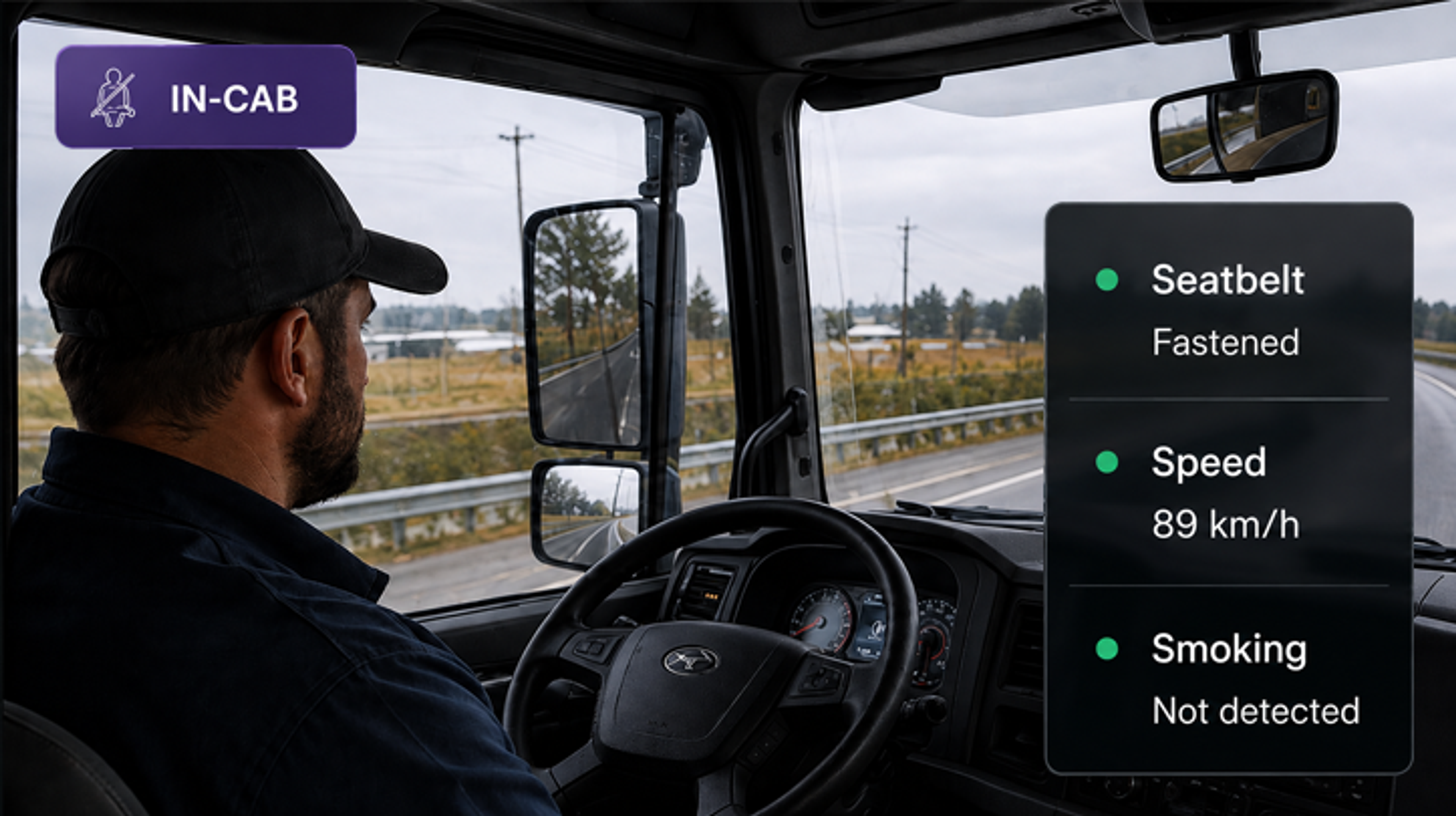 Vision360 in-cab detection: driver-facing frame with the seatbelt and speed state shown.