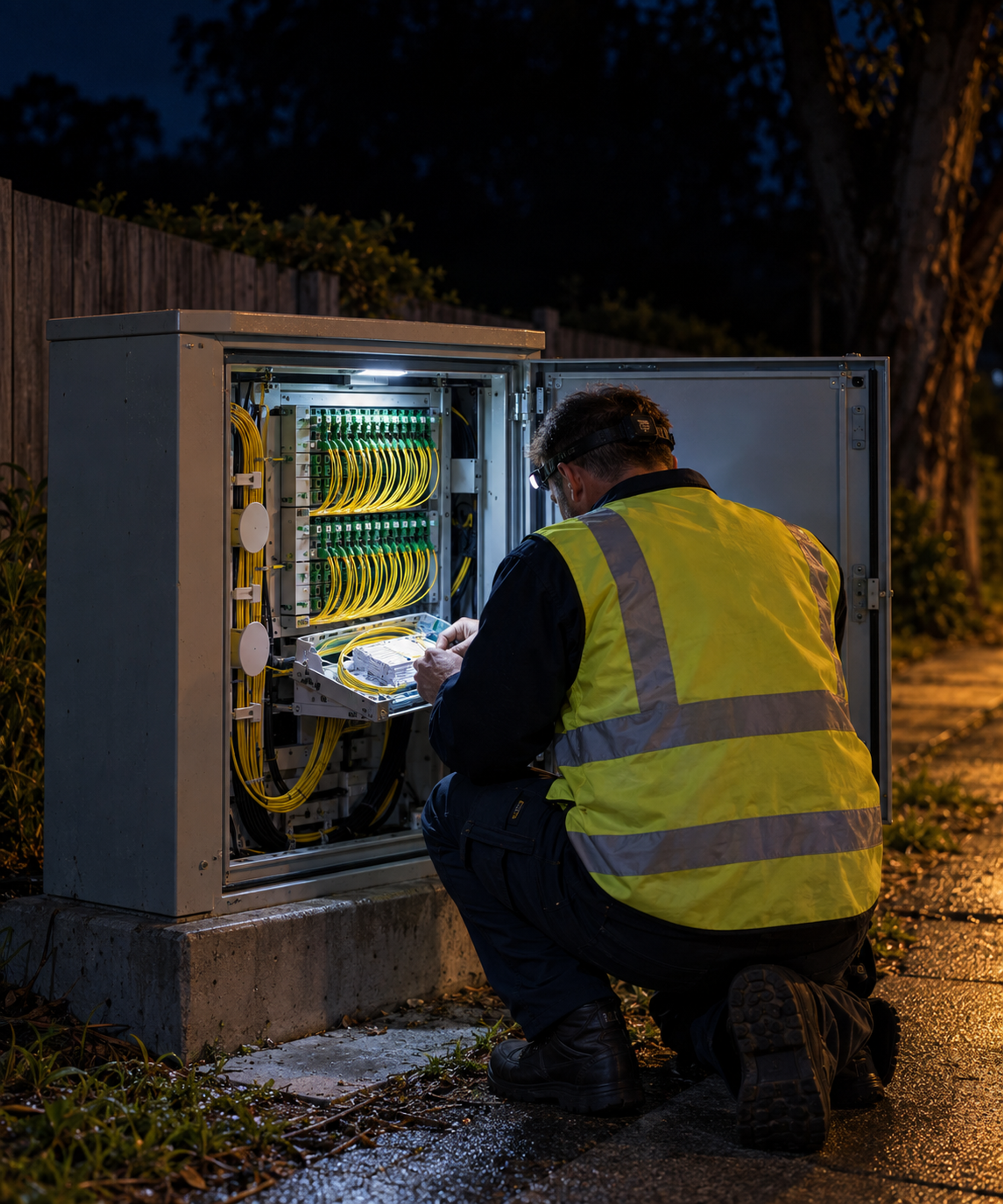 Photograph: a technician at a street cabinet at night. Dark and cool, room at the top, no text in the artwork.