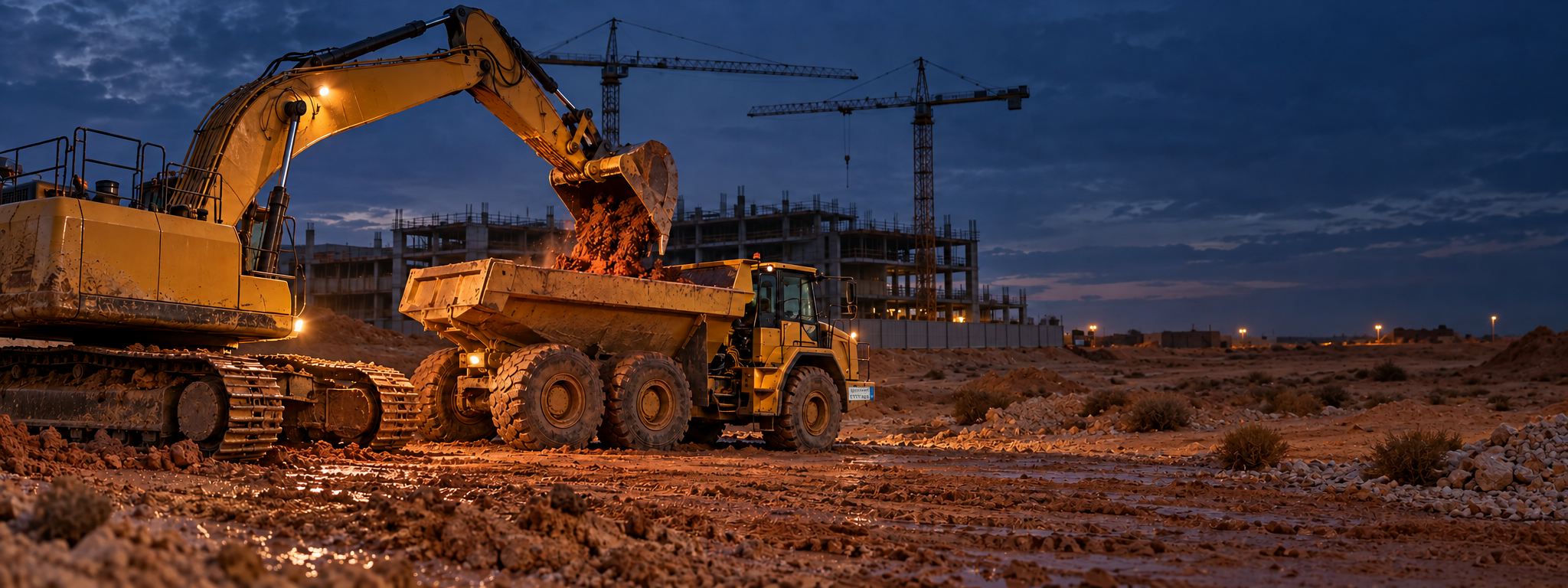 An excavator loading an articulated dump truck on an active earthworks site, cranes behind. No visible manufacturer badges. Dark and cool enough for a panel to sit over the right third. No text in the artwork. 2400x900.