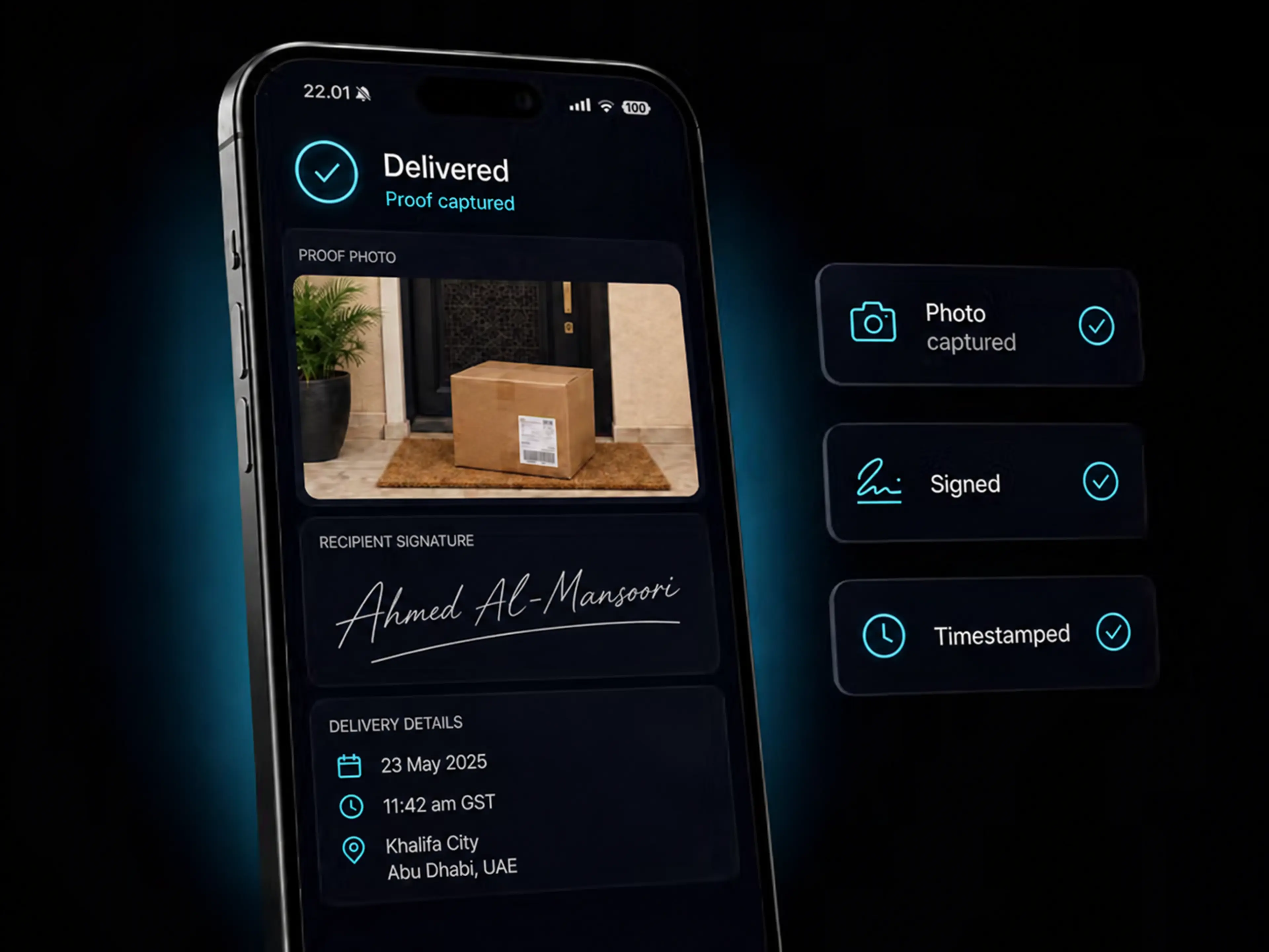 Proof of delivery on a driver's phone: signature, photo and timestamp