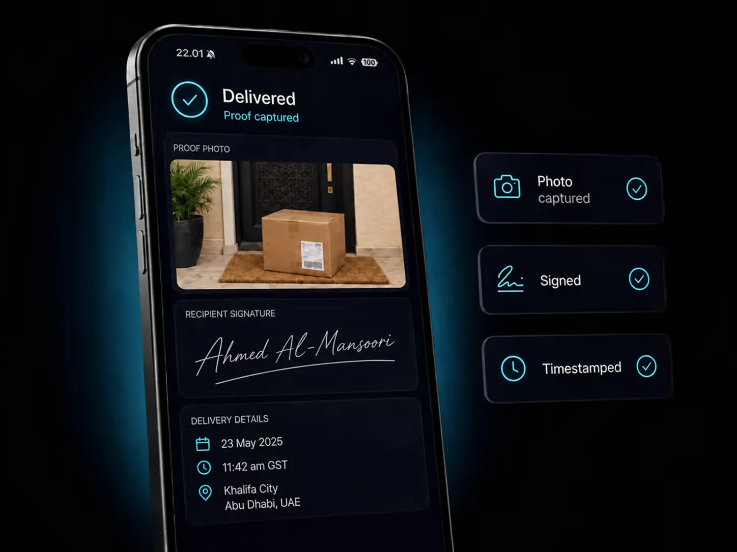Proof of delivery on a driver's phone: signature, photo and timestamp