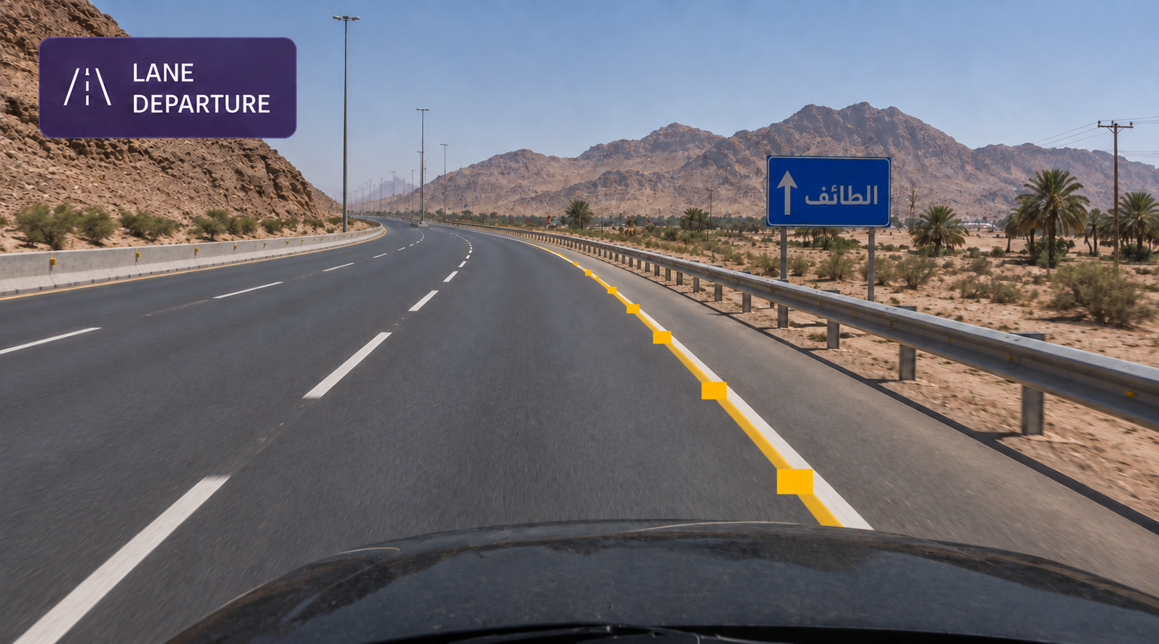 Vision360 lane departure: road-facing frame with the lane lines tracked and the drift marked.
