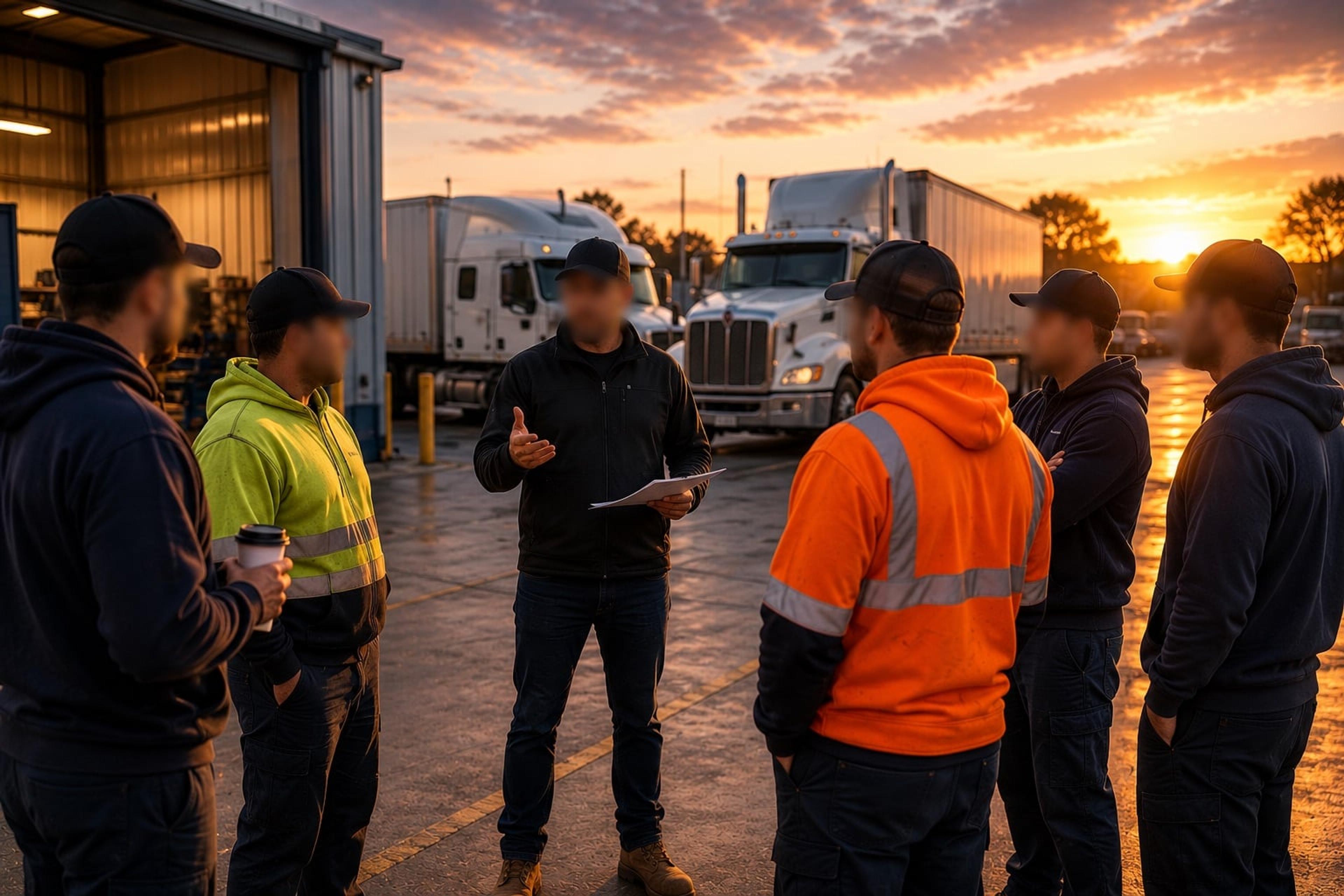 Fleet manager running a toolbox talk with a group of truck drivers in a depot yard at sunset