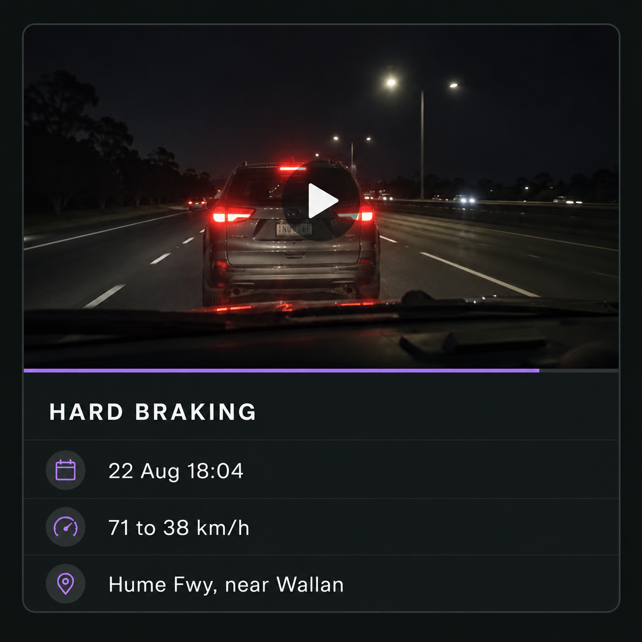 An event clip in the player, with speed and location context alongside it.