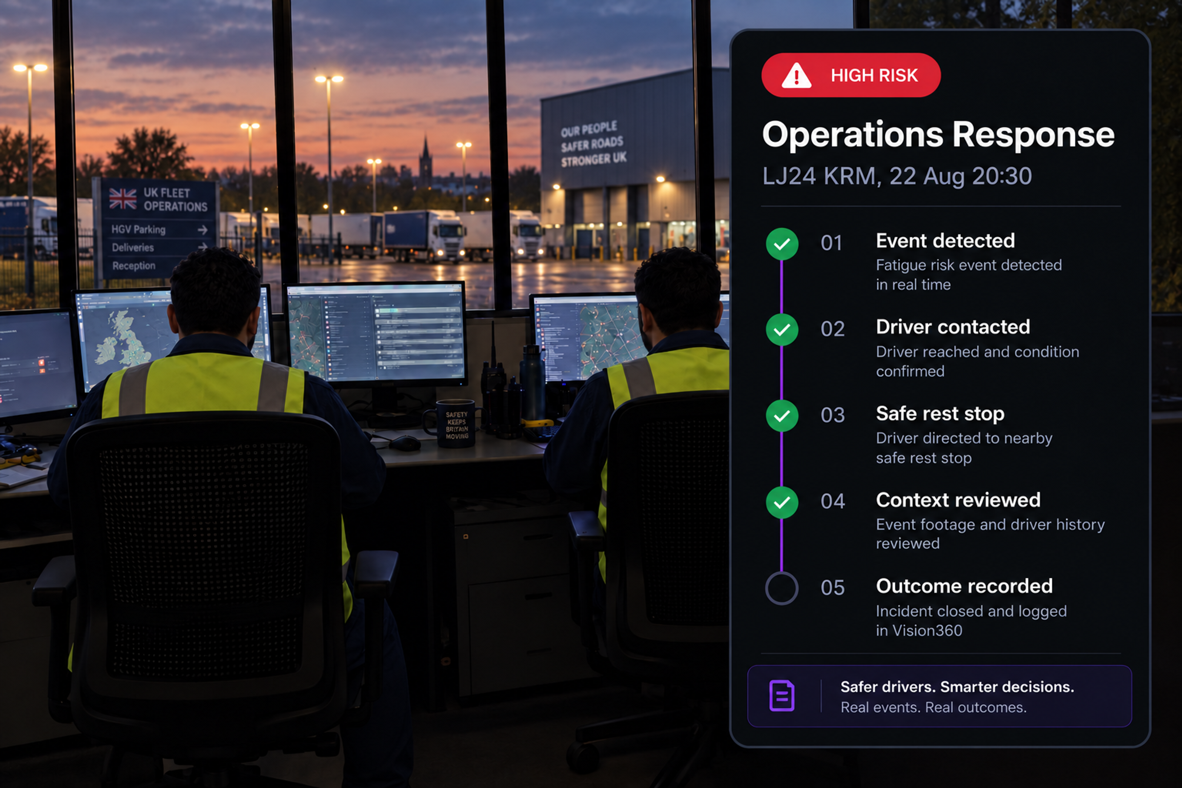 Operations response workflow: five connected steps from event detected through to resolved or escalated. 4:3, dark UI.