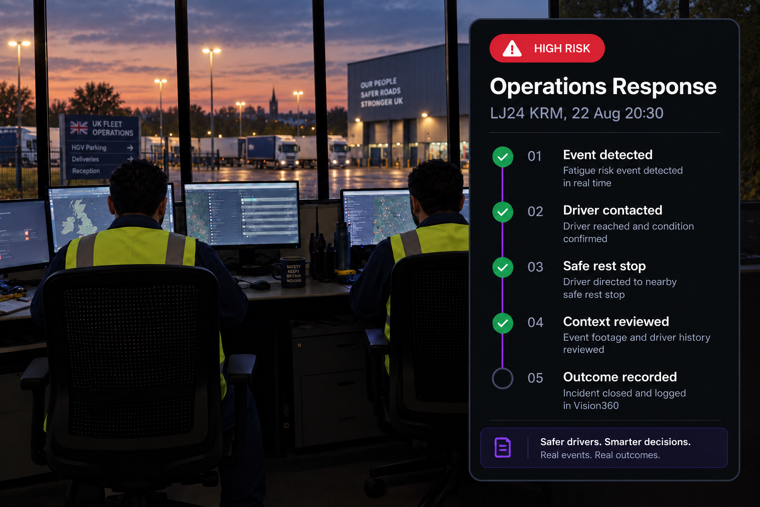 Operations response workflow: five connected steps from event detected through to resolved or escalated. 4:3, dark UI.