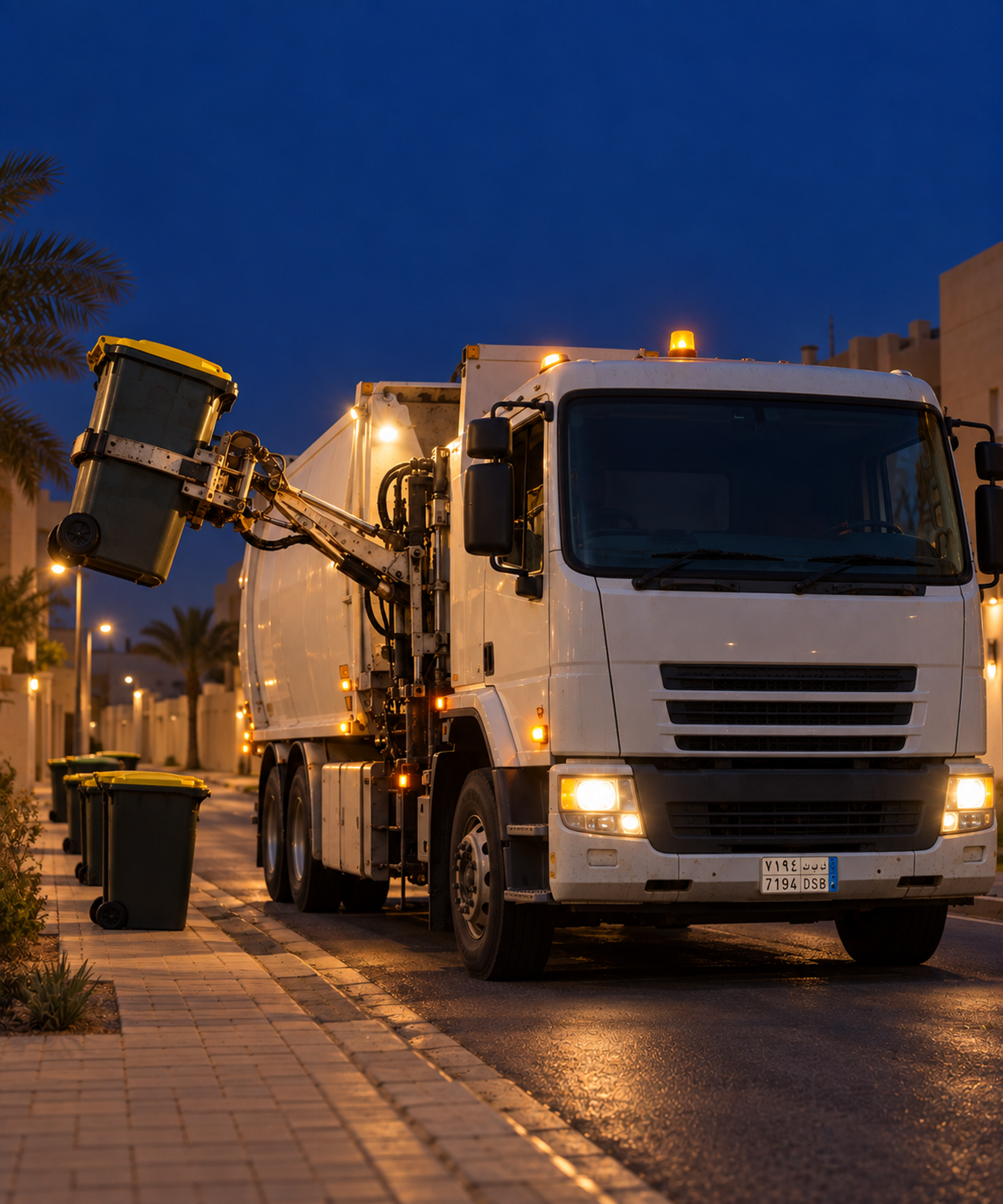 Photograph: a refuse truck on a residential street at dawn. Dark and cool, room at the top, no text in the artwork.