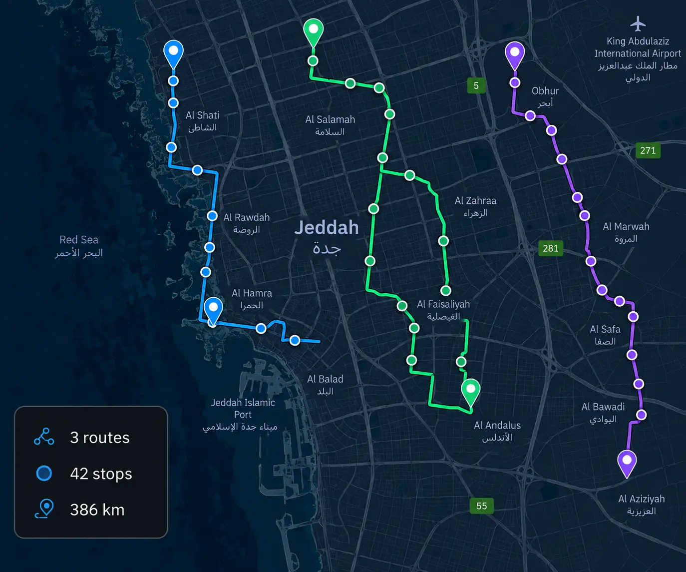 Route360 planning map: three optimised routes drawn in their own colours across a city.