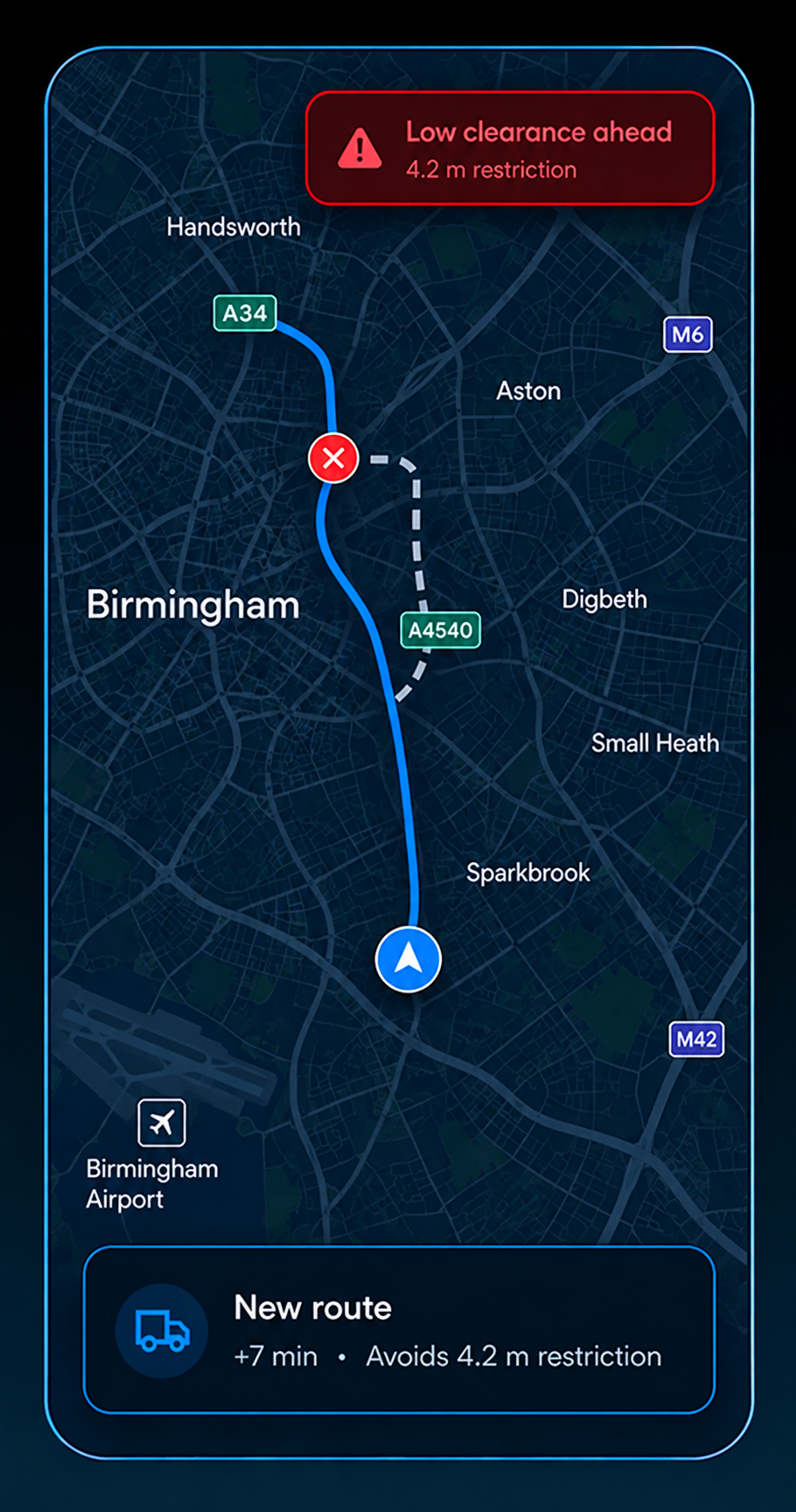 Driver app on a commercial route: a low-clearance warning banner 300 m ahead over the map, with the commercial route summary and speed limit below. Portrait handset, 9:17 crop.