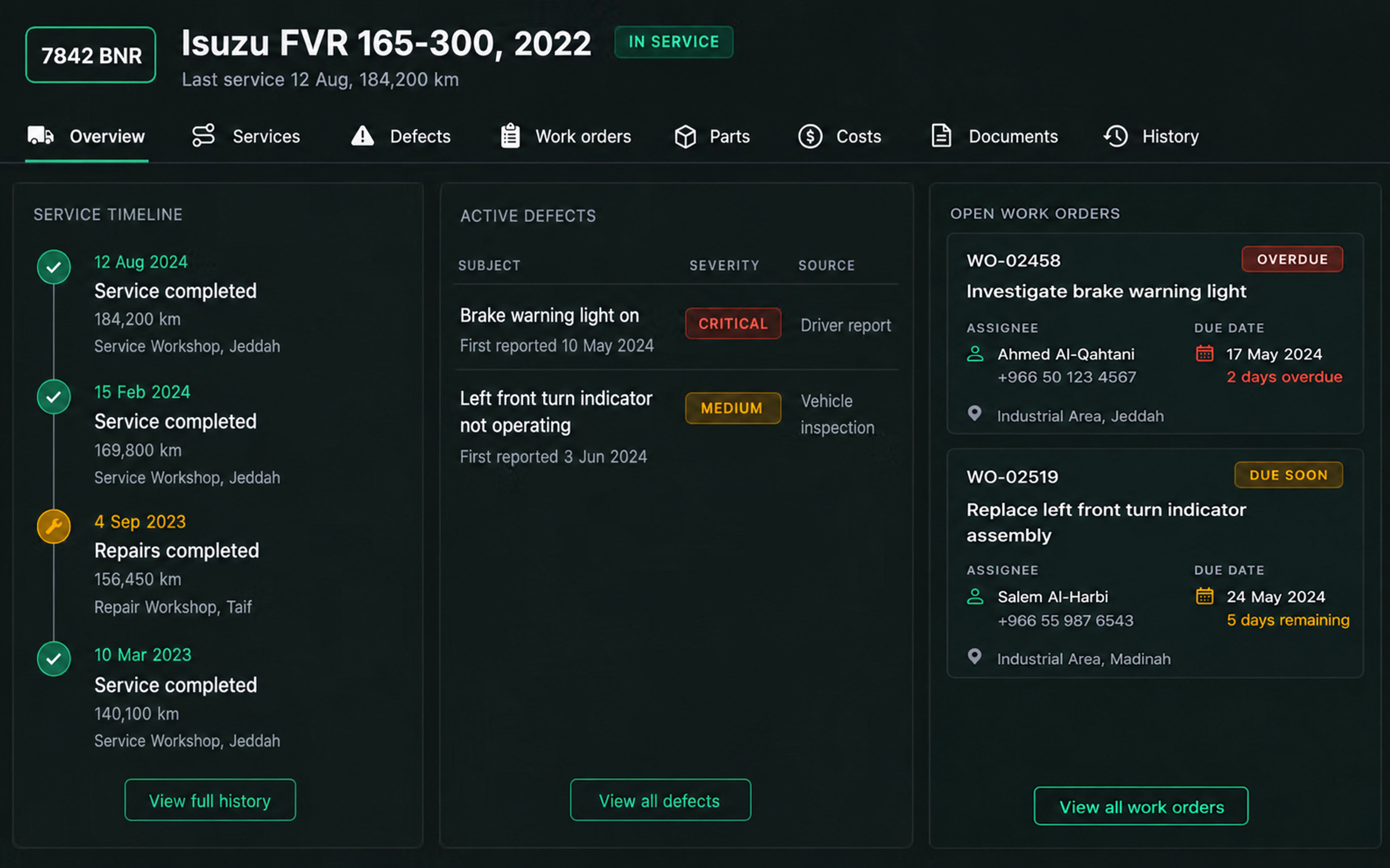 The Drive360 vehicle maintenance record: tabs for overview, services, defects, work orders, parts, costs, documents and history, with the service timeline, active defects and open work orders beside each other.
