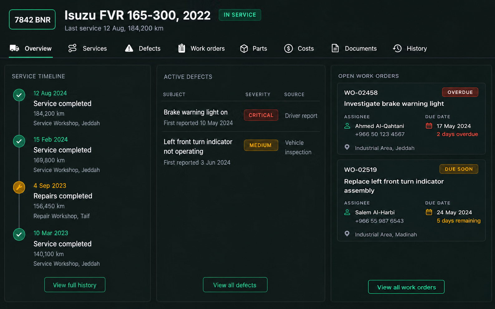 The Drive360 vehicle maintenance record: tabs for overview, services, defects, work orders, parts, costs, documents and history, with the service timeline, active defects and open work orders beside each other.