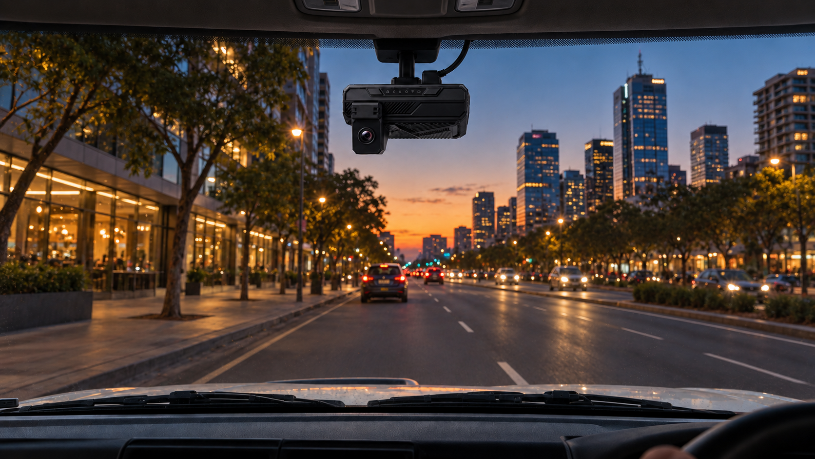 Driver-facing AI camera mounted at the top of a truck windscreen, the road ahead at dusk
